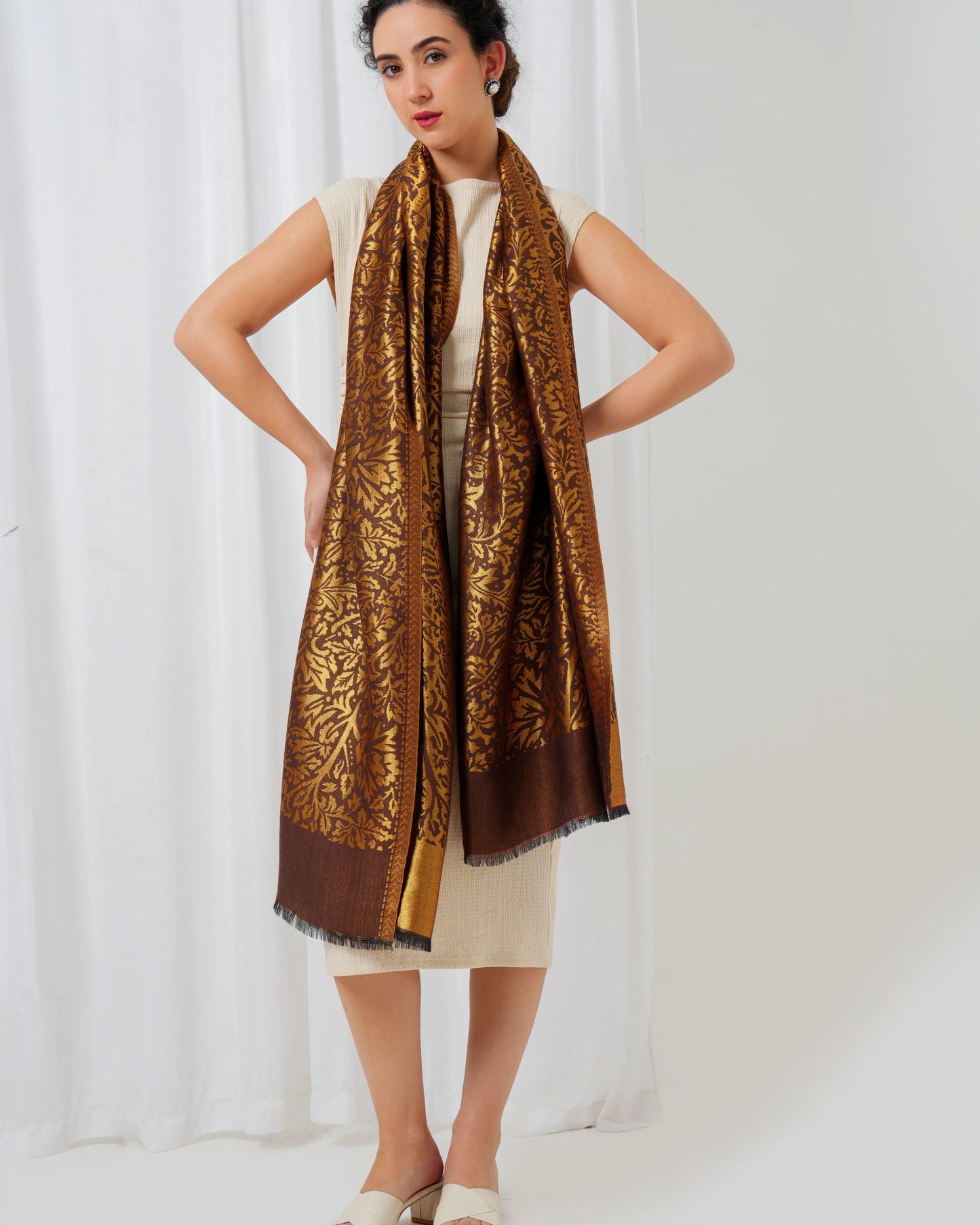 Wool stole with black base with golden design