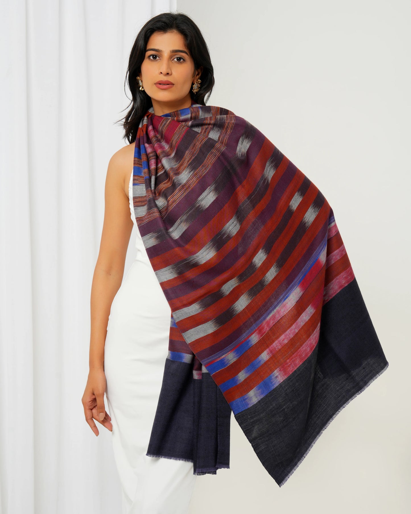 Pashmina stole with black base with multi-coloured stripes
