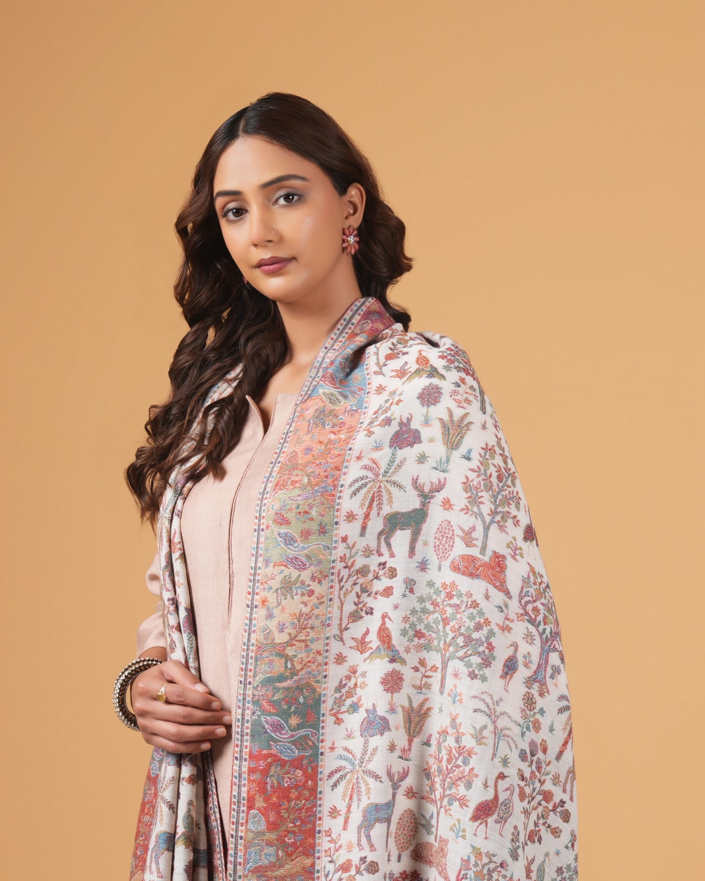 White Base Woollen Shawl with Multicolor Floral Pattern