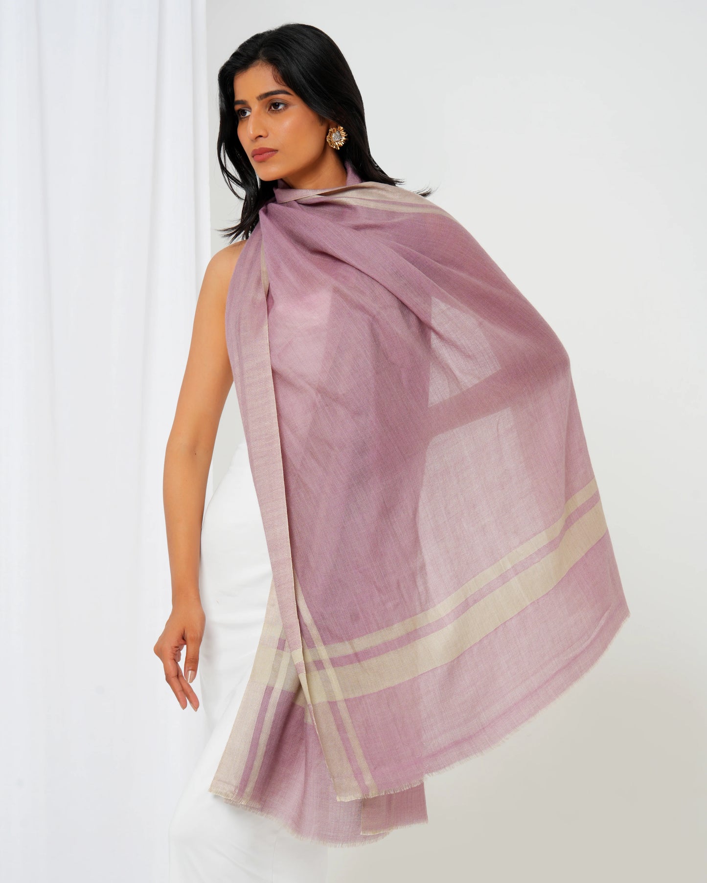 Cashmere stole with pink base and cream stripes