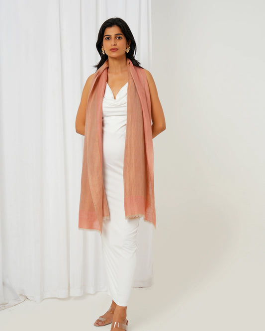 Cashmere stole in cream-rust with pink border