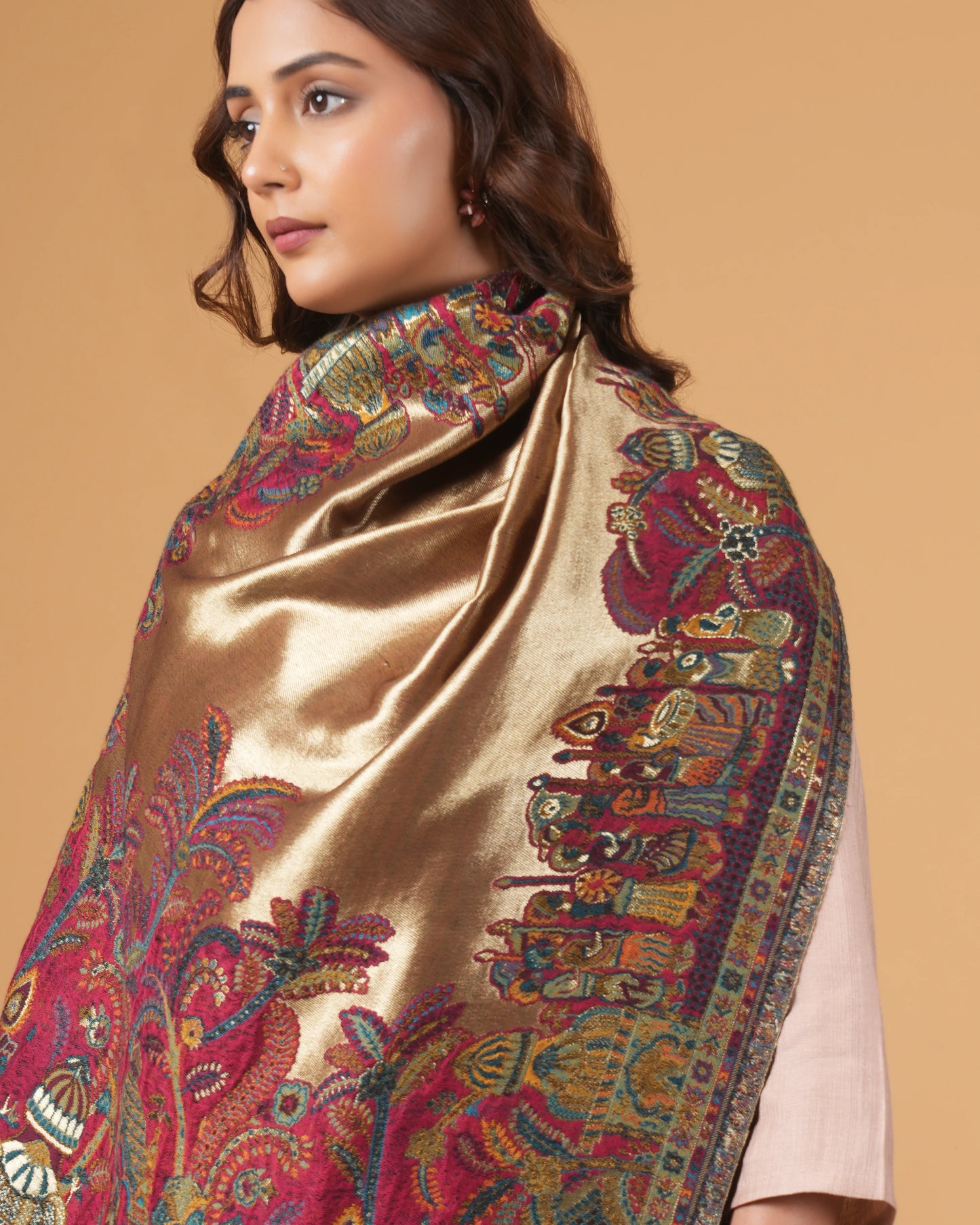 Golden Base Woollen Stole with Multicolor Pattern