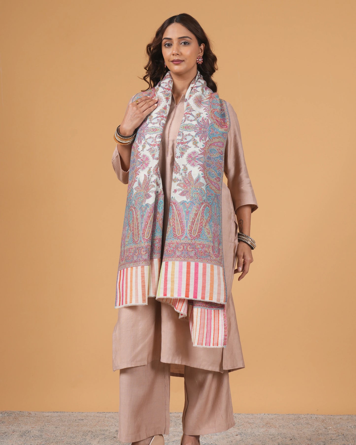 Woolen white base shawl with multi colour border