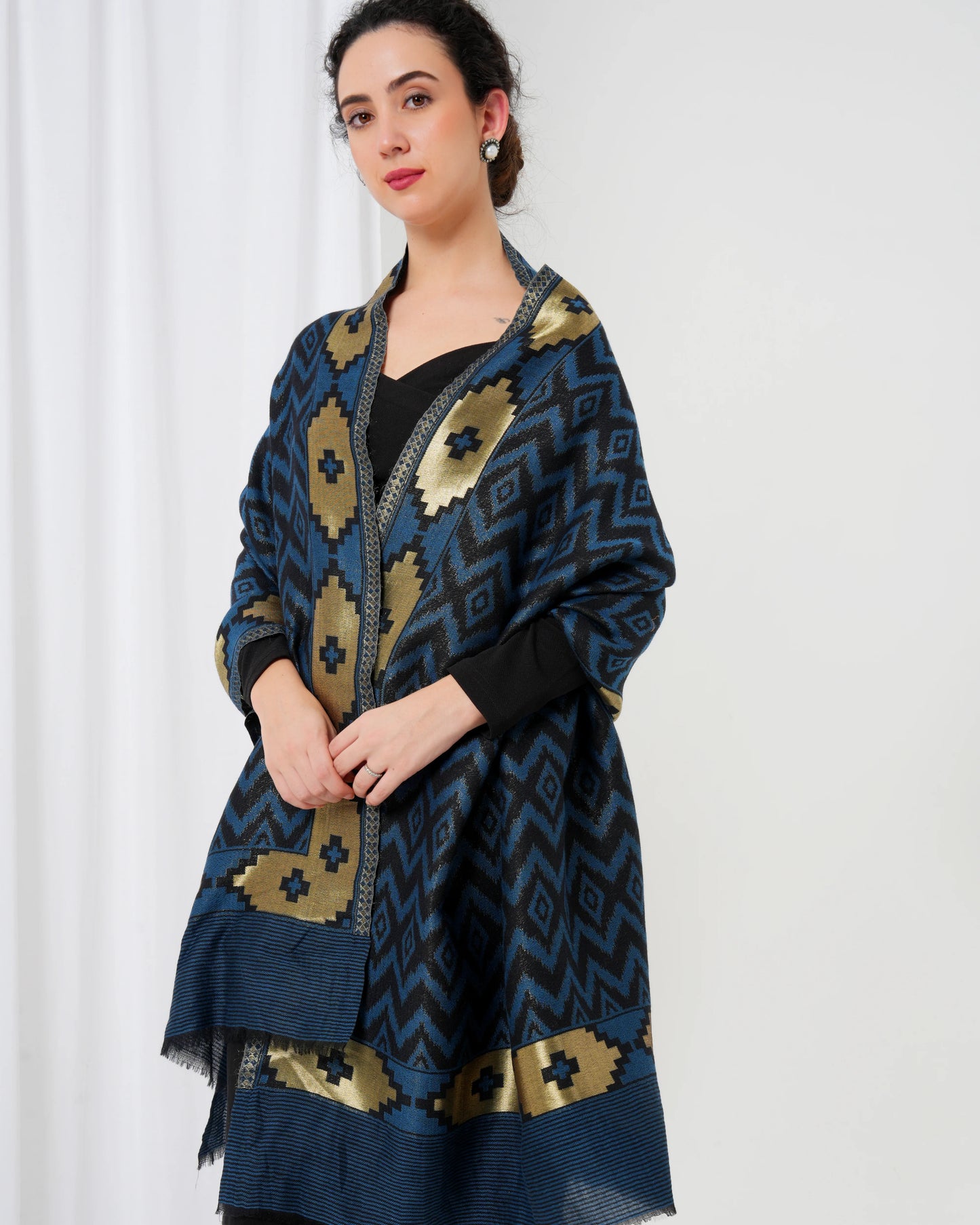 Wool stole with navy blue base with black diamond design
