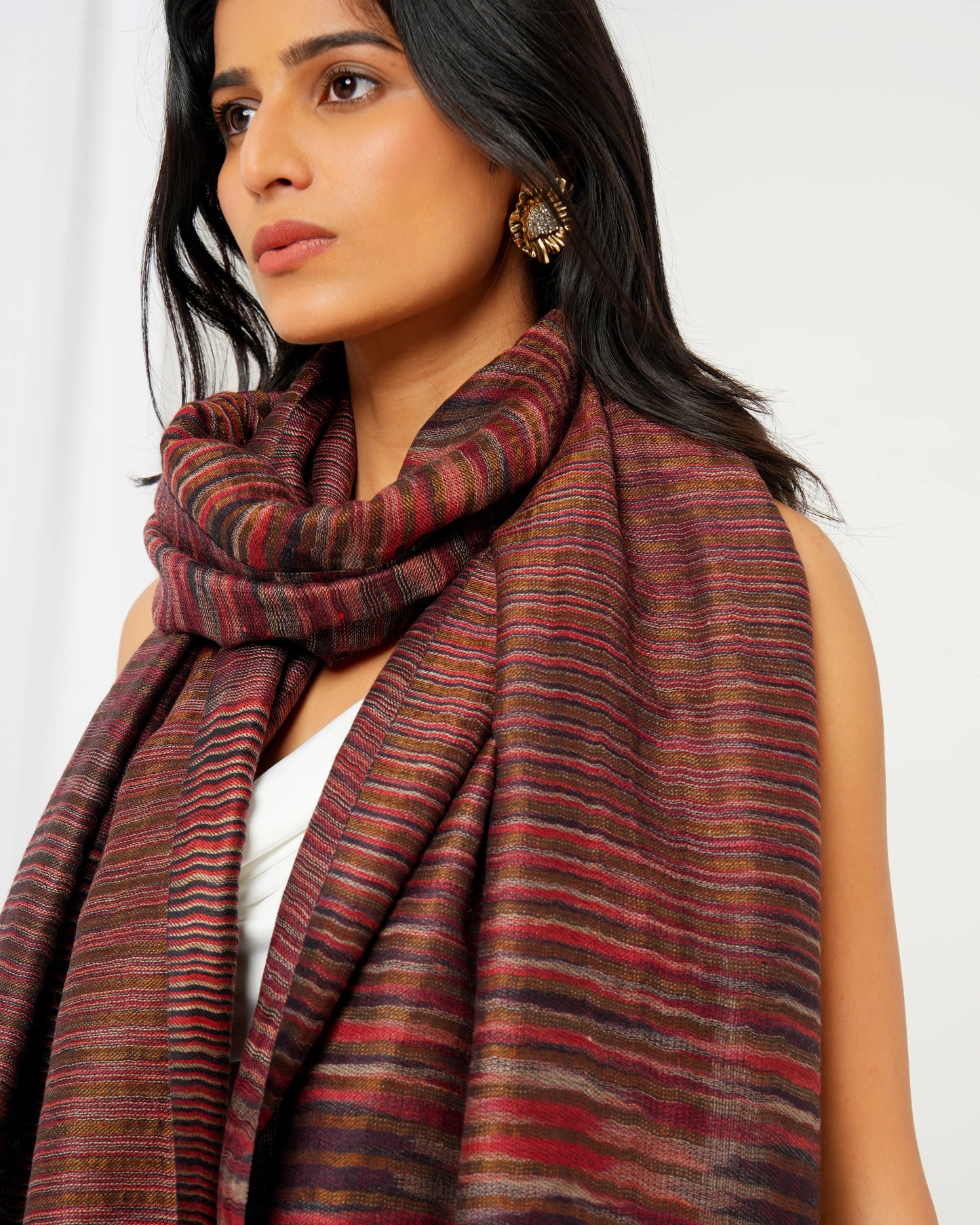 Pashmina stole in maroon base and multi colour stripes