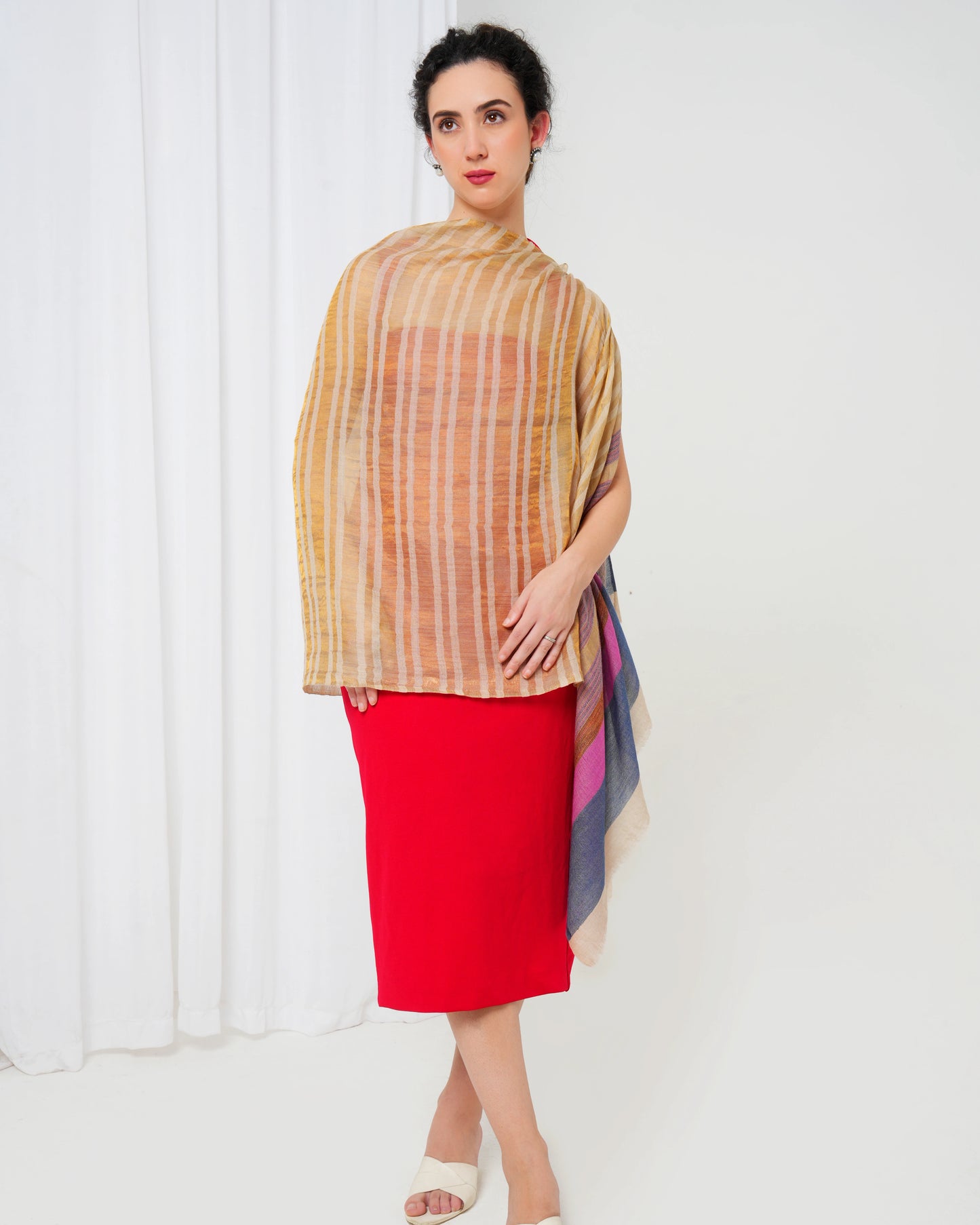 Woolen stole with cream base, and gold, pink, blue stripes