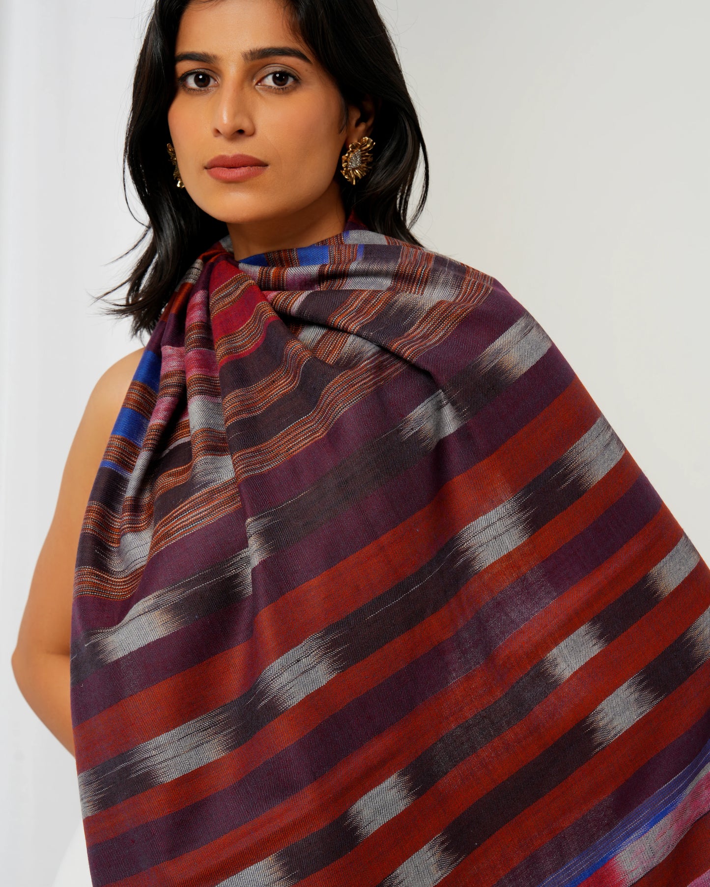 Pashmina stole with black base with multi-coloured stripes