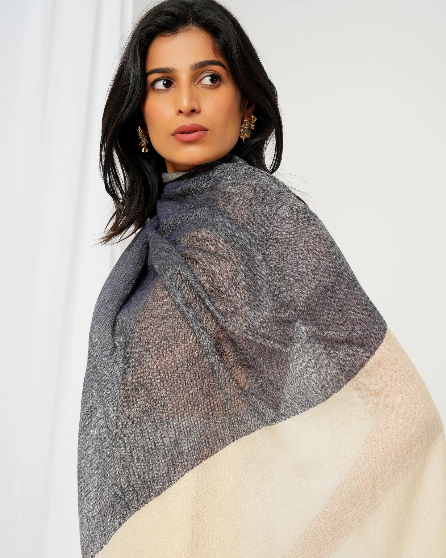 Cashmere stole with cream base, and grey and yellow highlights
