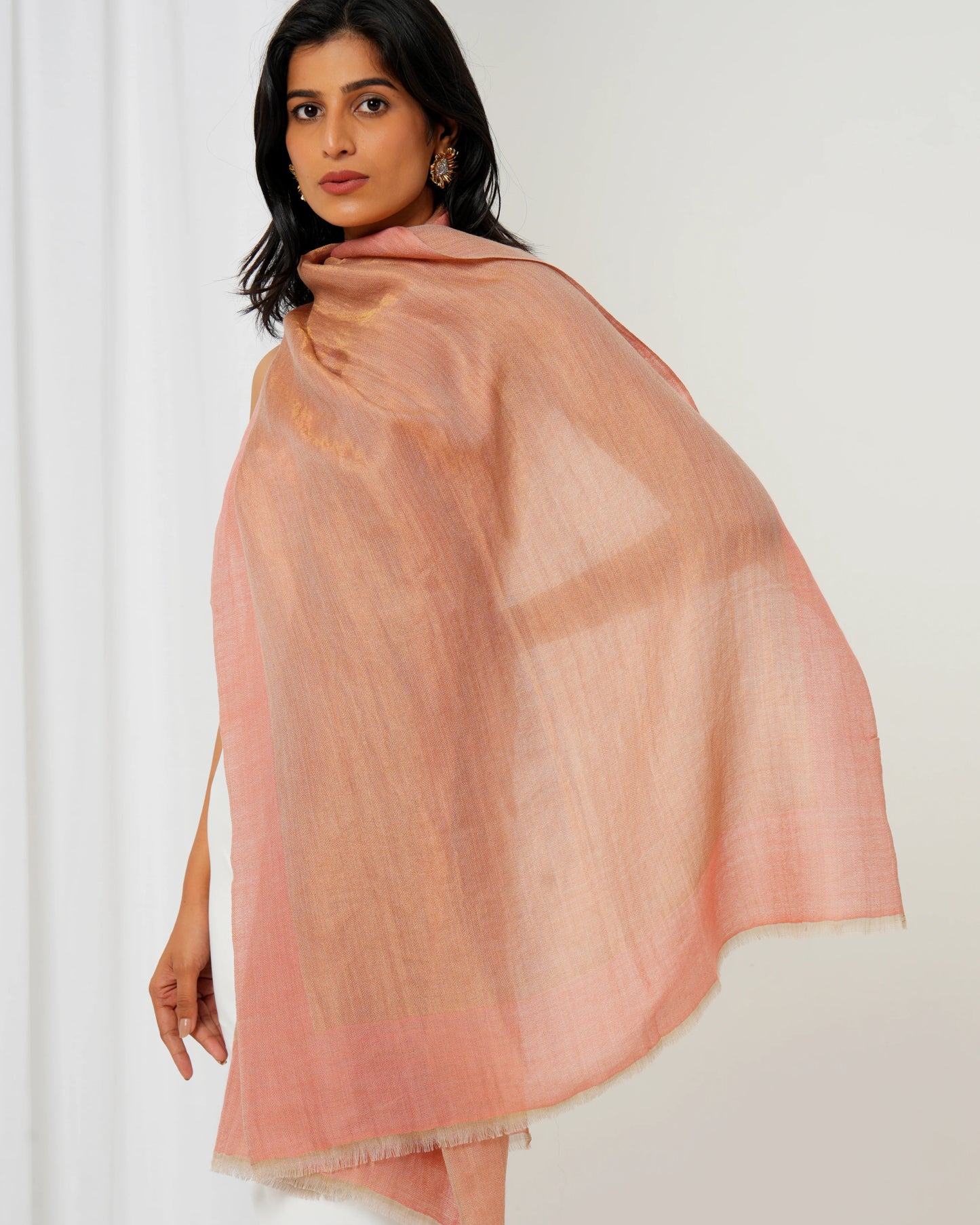Cashmere stole in cream-rust with pink border