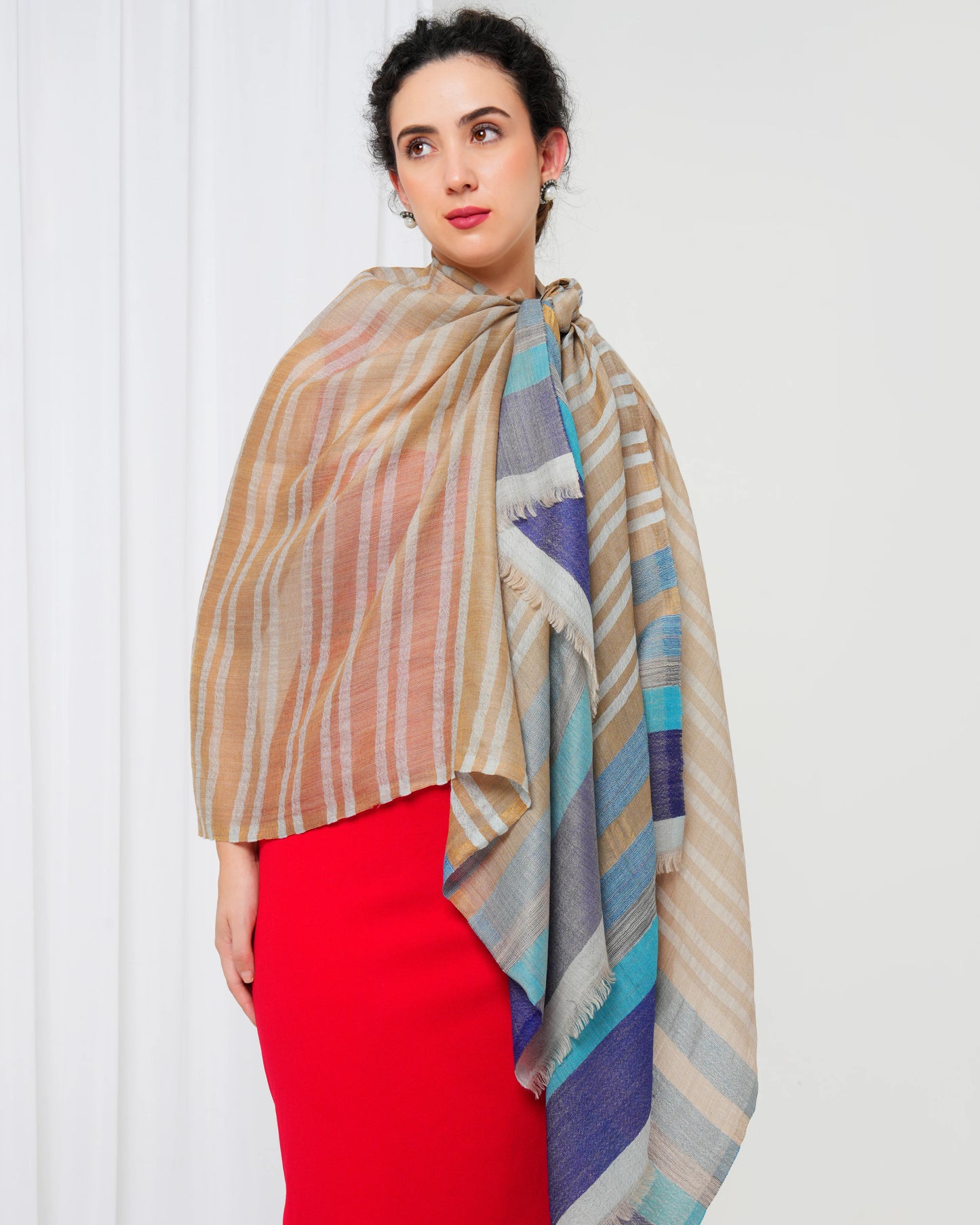 Woolen stole with cream base, and gold, navy blue and light blue stripes