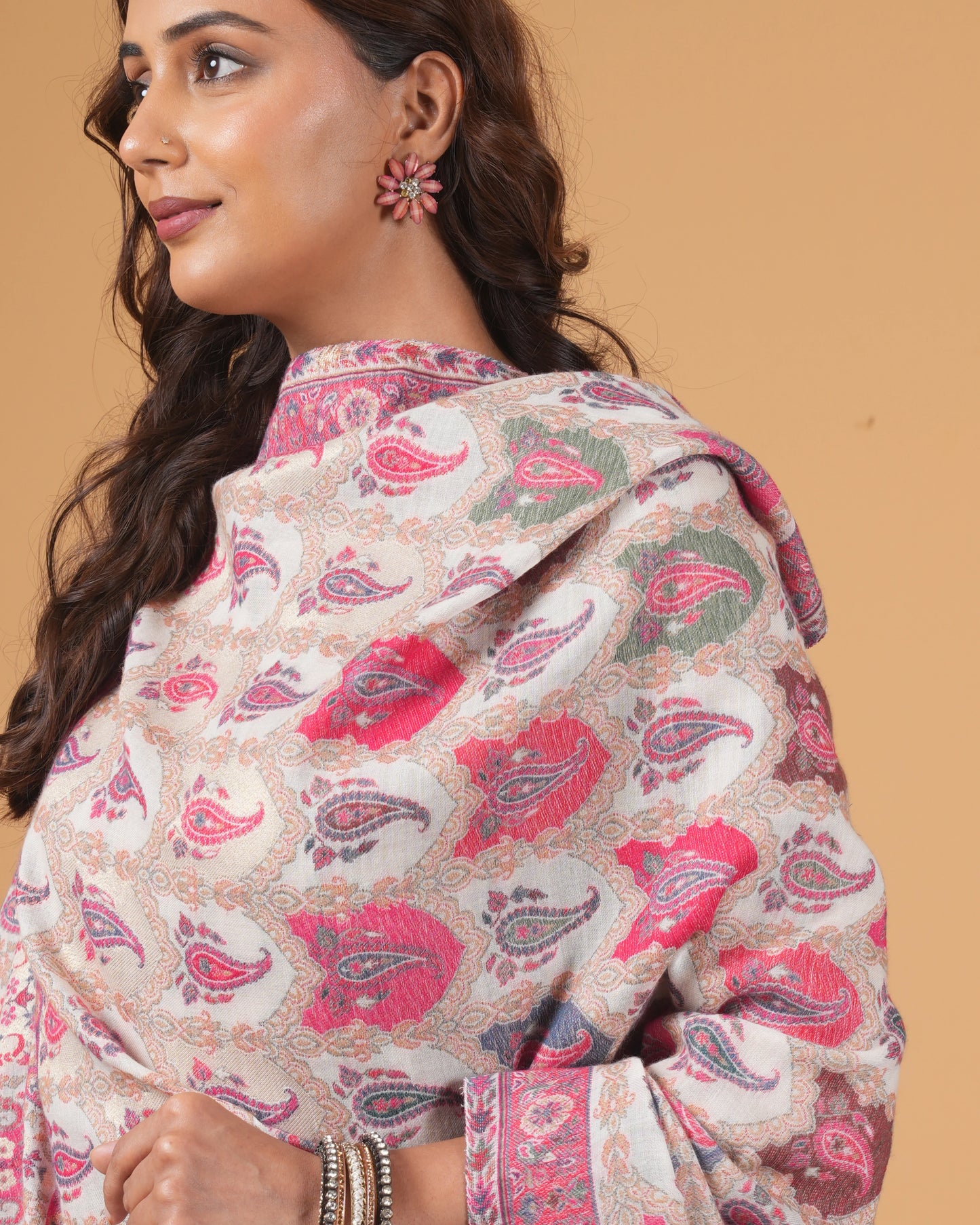 Woolen white base shawl with magenta border