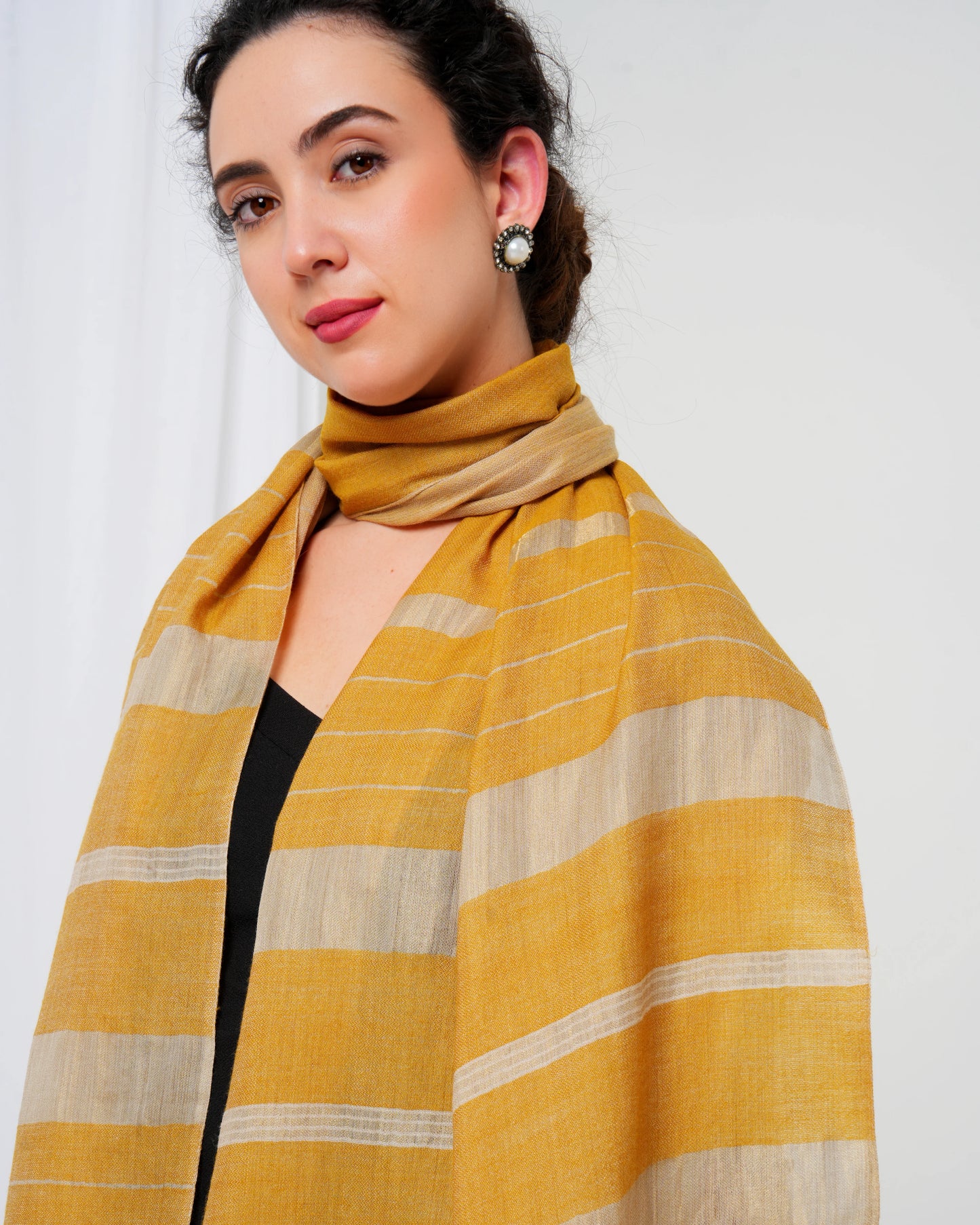 Cashmere stole in mustard colour with golden stripes