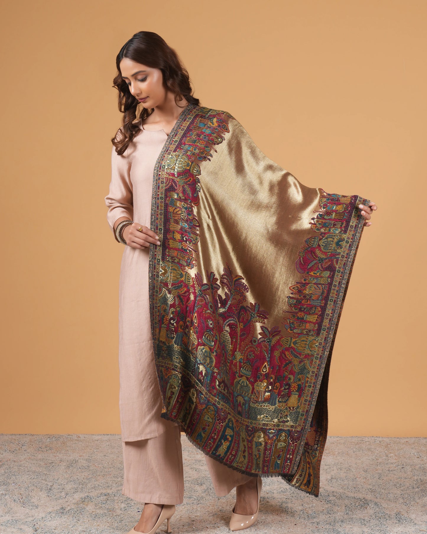 Golden Base Woollen Stole with Multicolor Pattern