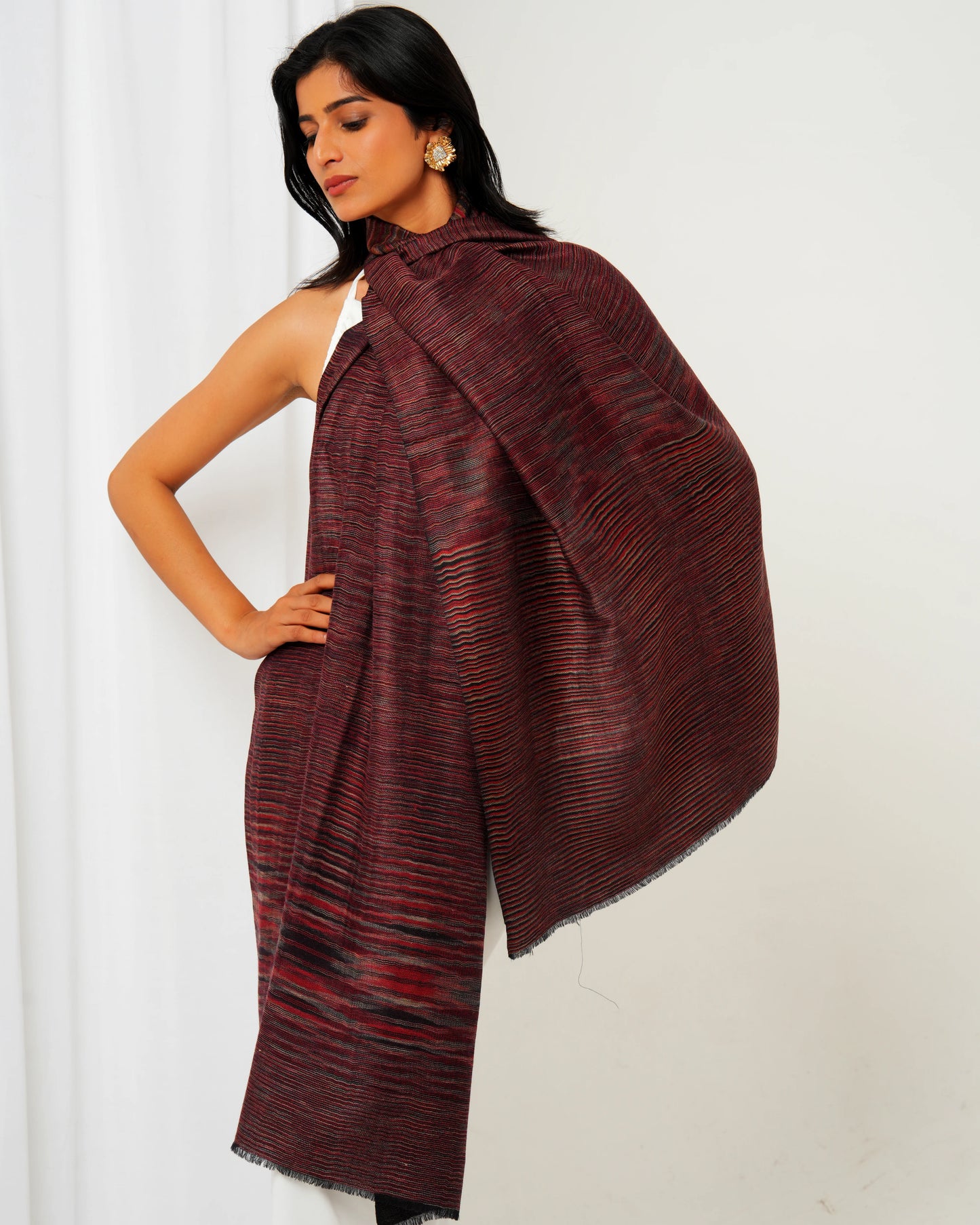 Pashmina stole in maroon base and multi colour stripes