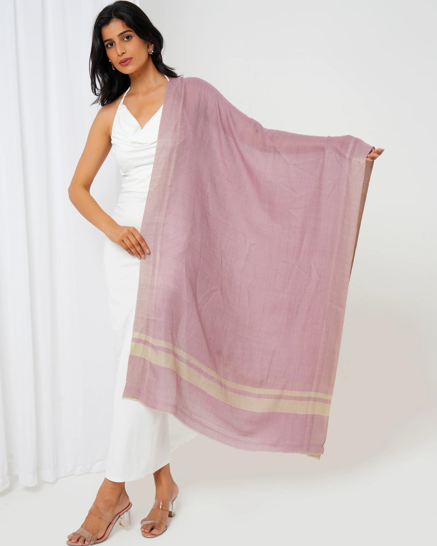 Cashmere stole with pink base and cream stripes