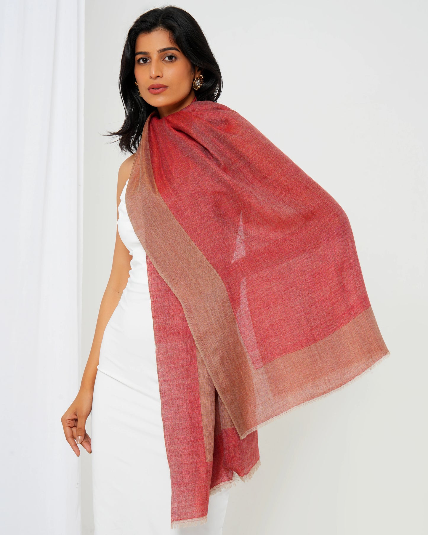 Cashmere stole in red with cream-rust border