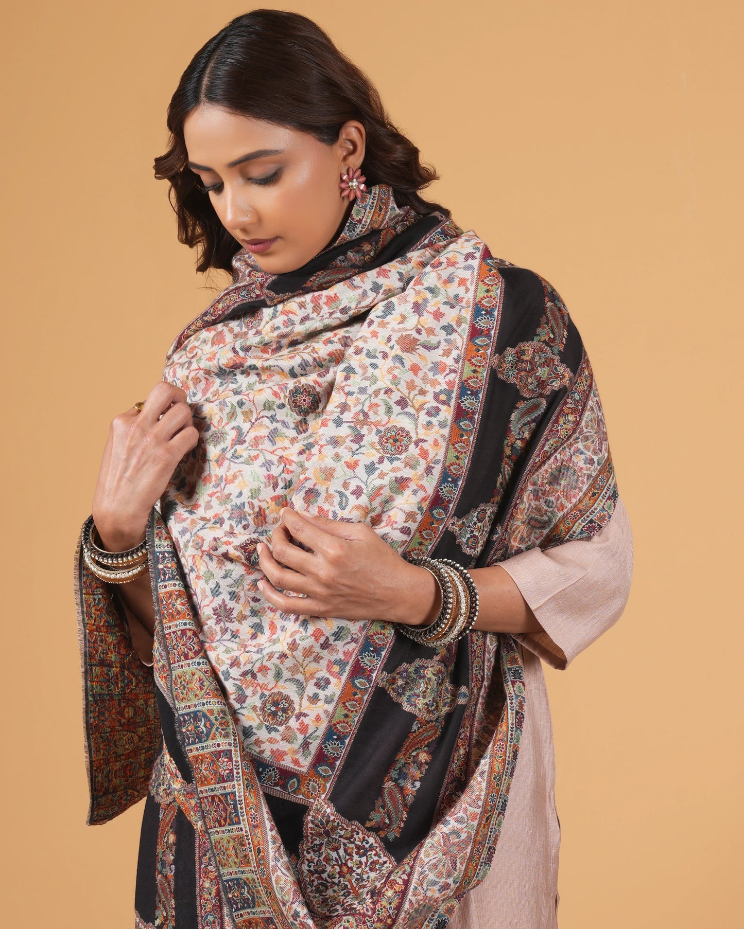 Woolen white base shawl with black border