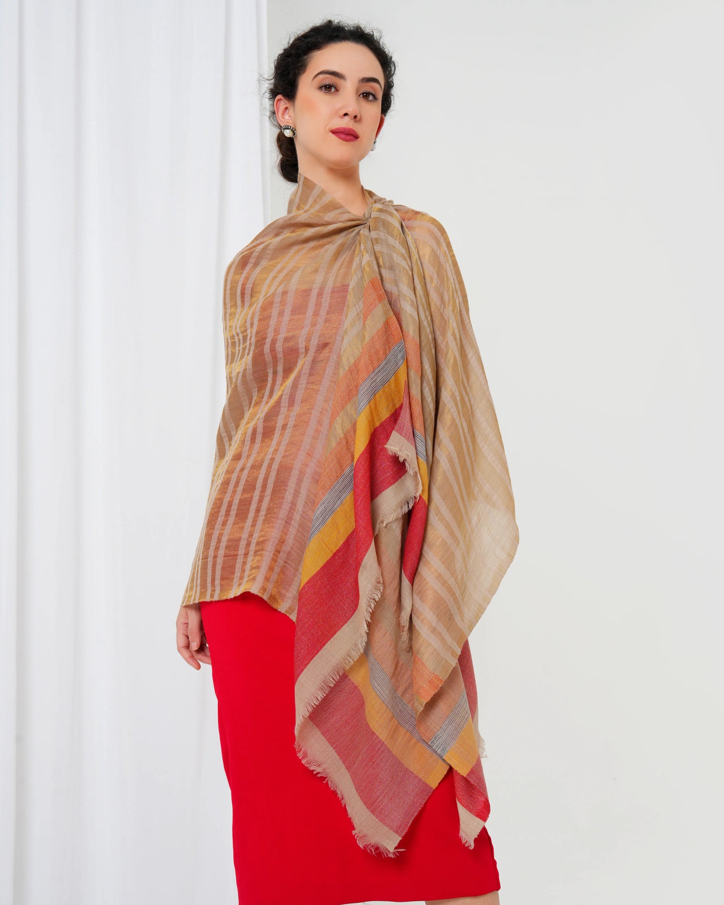 Woolen stole with cream base, and gold, orange, magenta and yellow stripes
