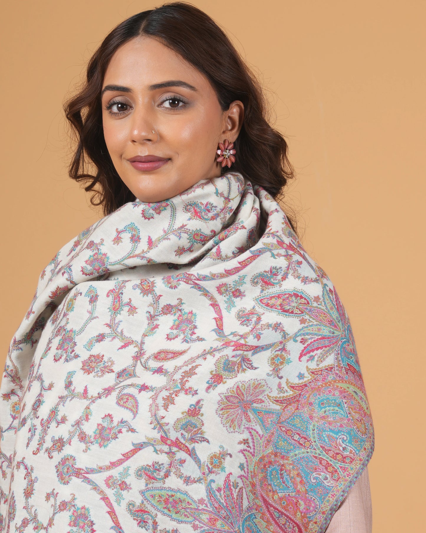 Woolen white base shawl with multi colour border