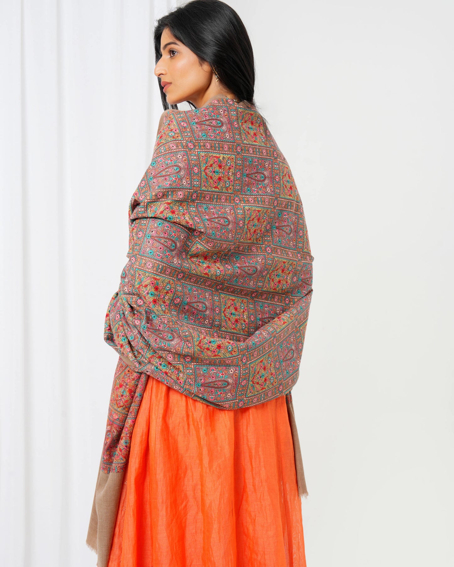 Wool shawl with brown base and full-size multi-coloured print