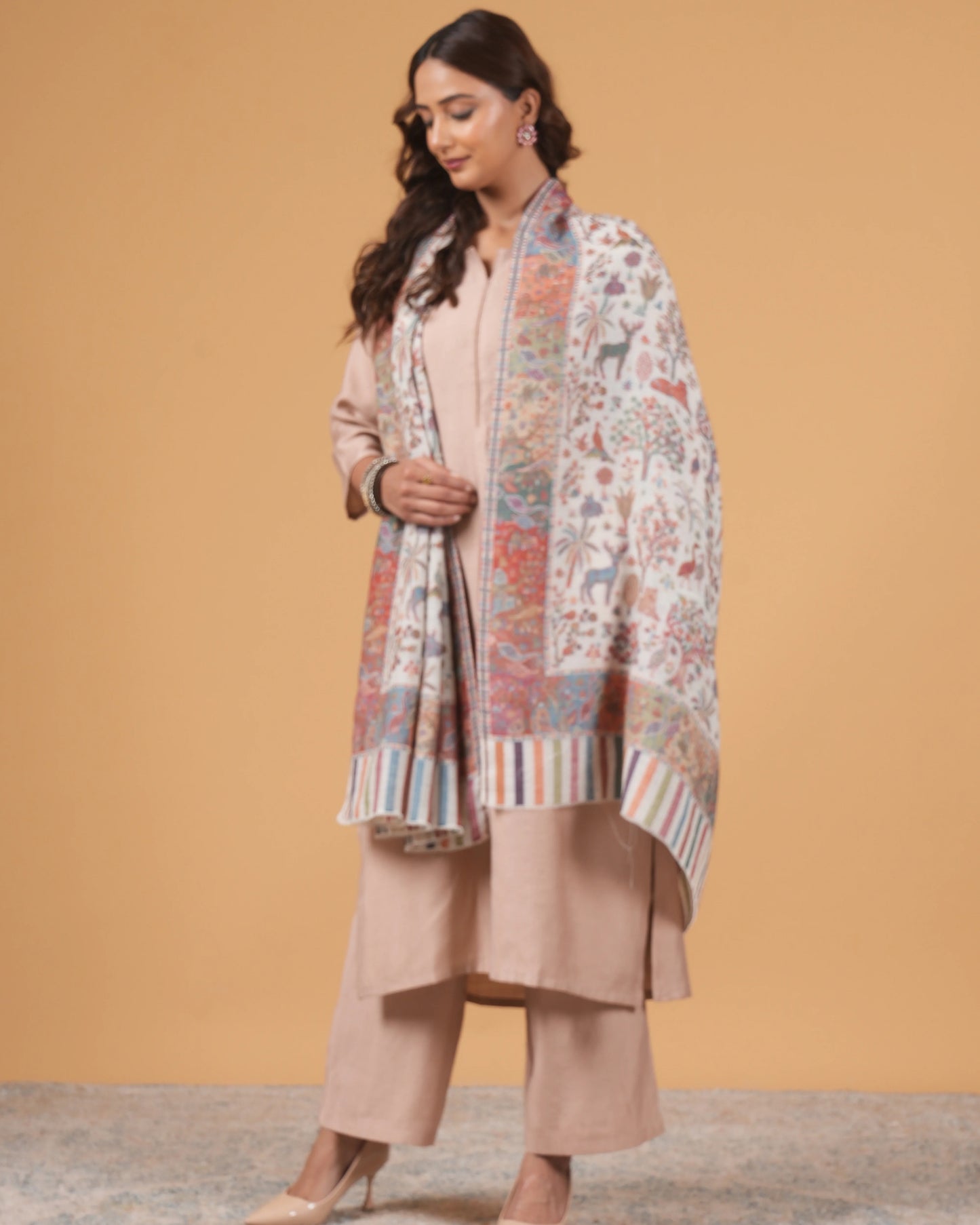 White Base Woollen Shawl with Multicolor Floral Pattern