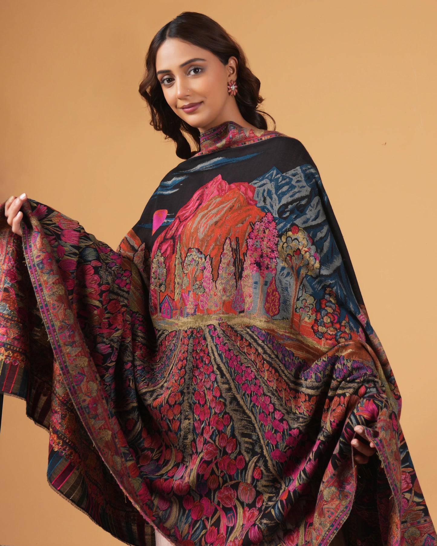 Black Base Woollen Shawl with Maroon Floral Border