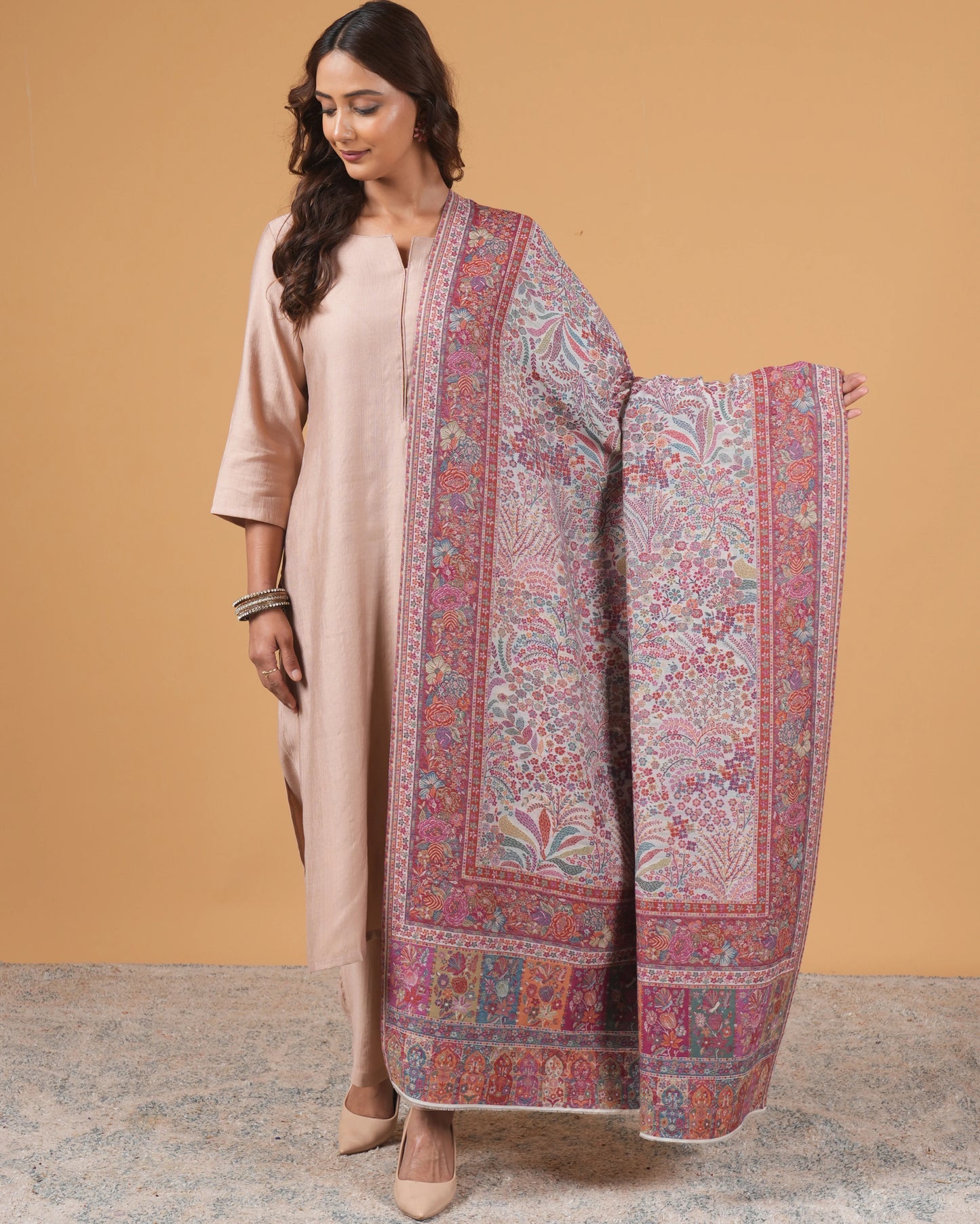 White Base Woollen Shawl with Maroon Floral Border