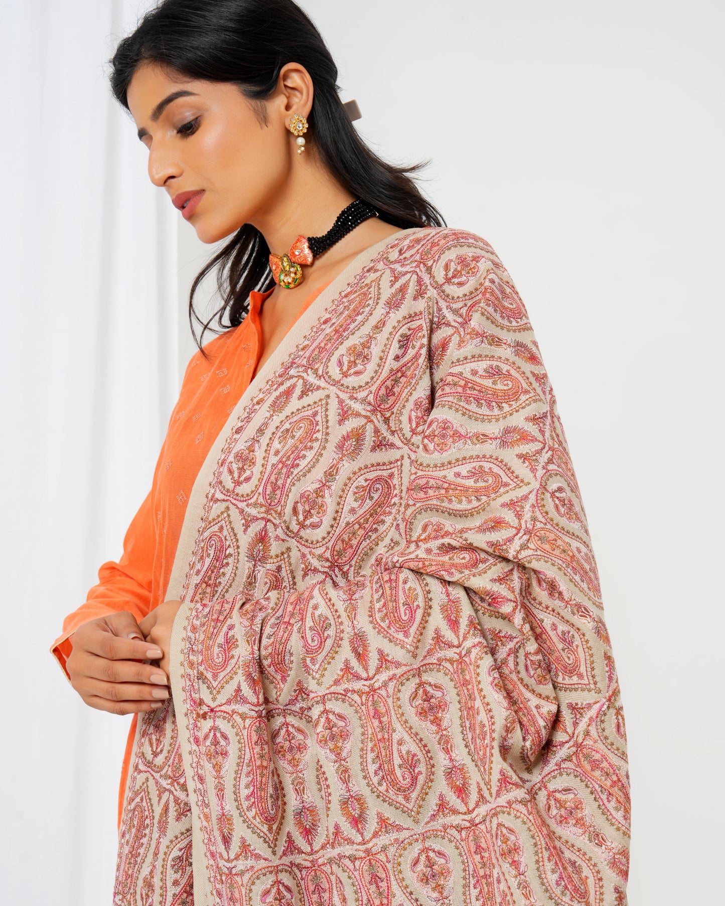 Wool shawl with cream base and magenta print