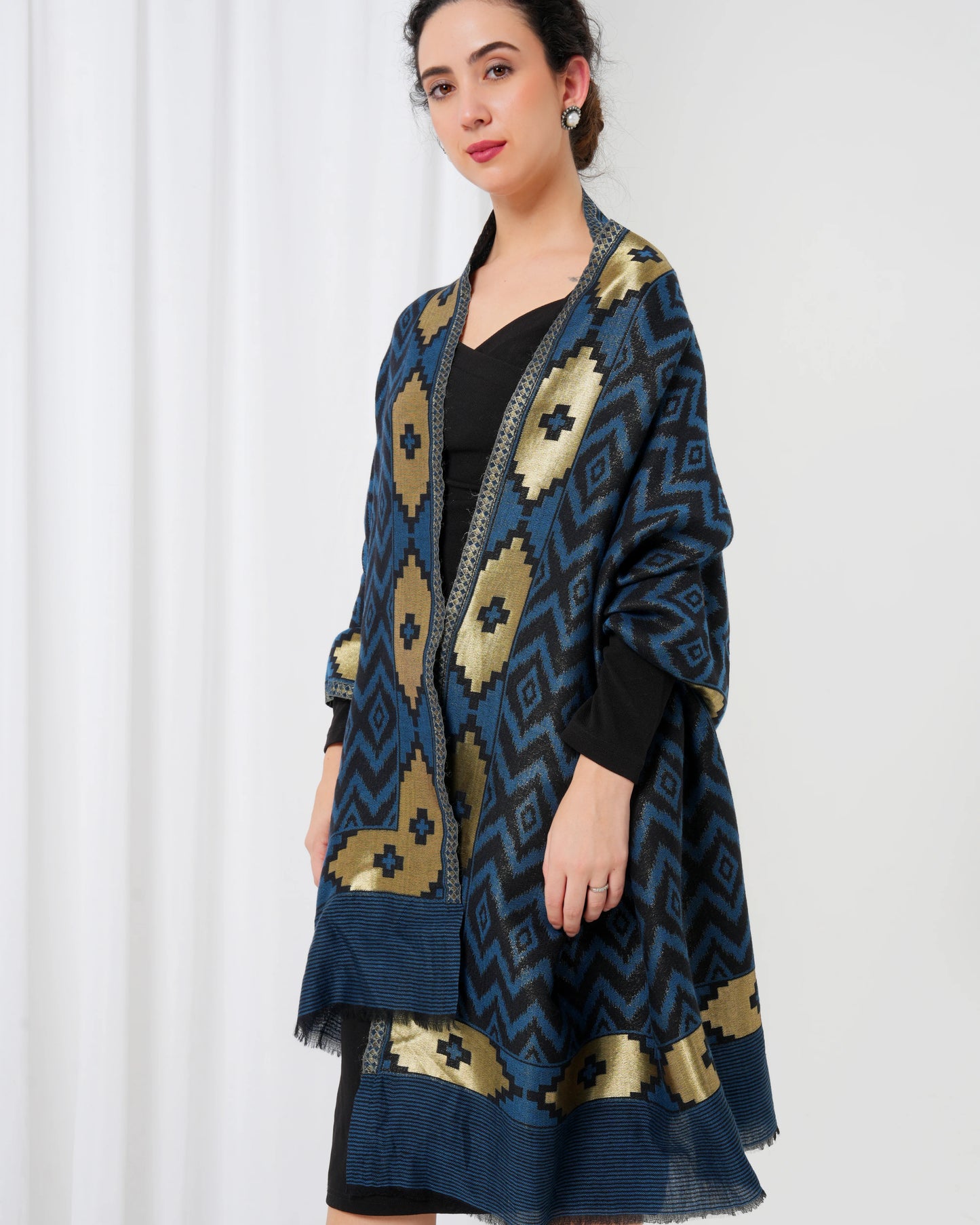 Wool stole with navy blue base with black diamond design