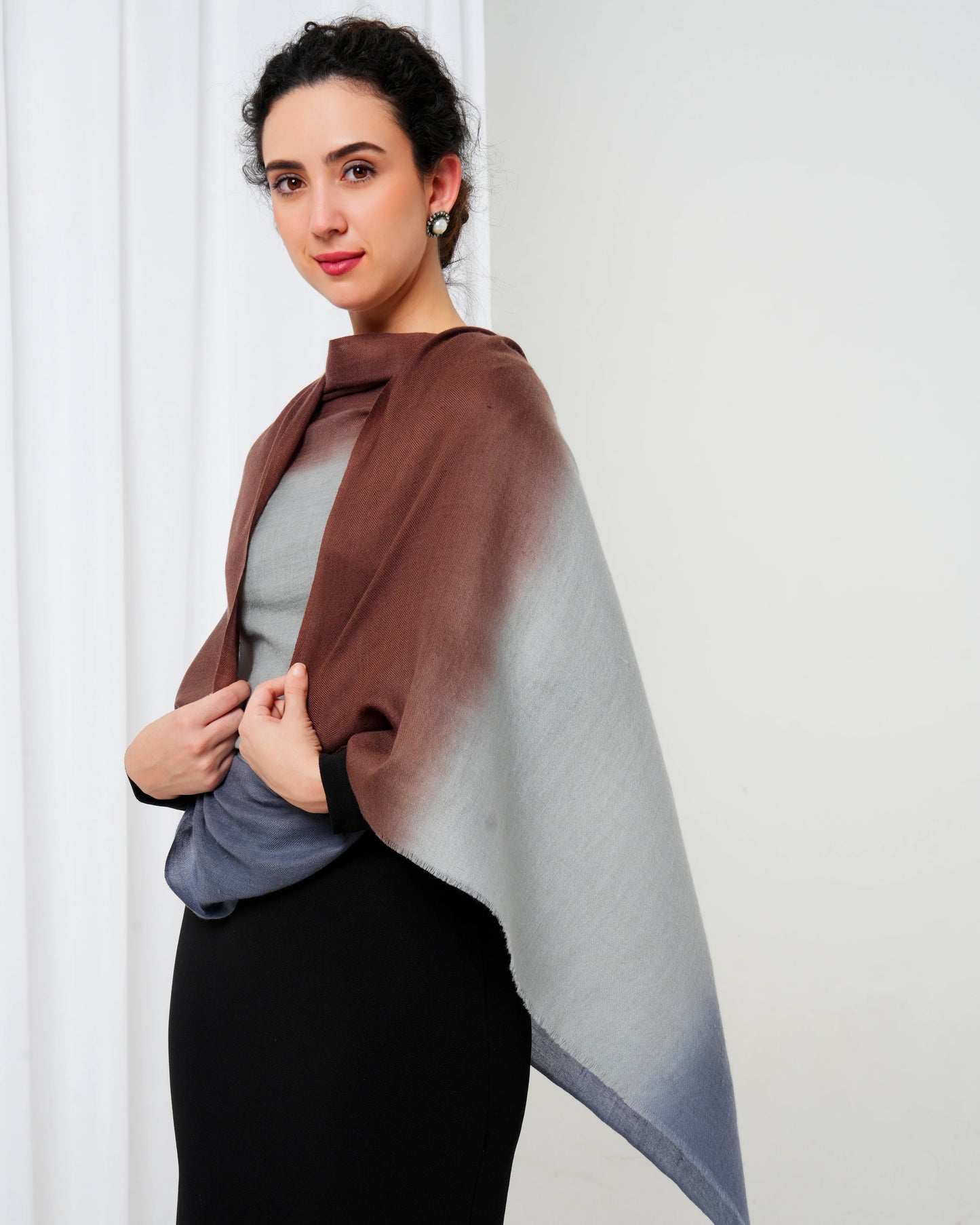 Cashmere stole with light grey base and brown and blue tie dye
