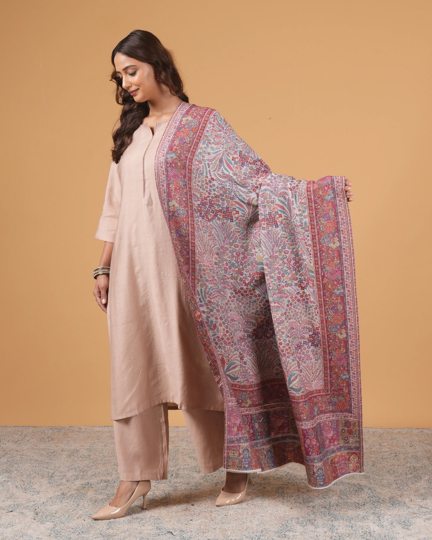 White Base Woollen Shawl with Maroon Floral Border