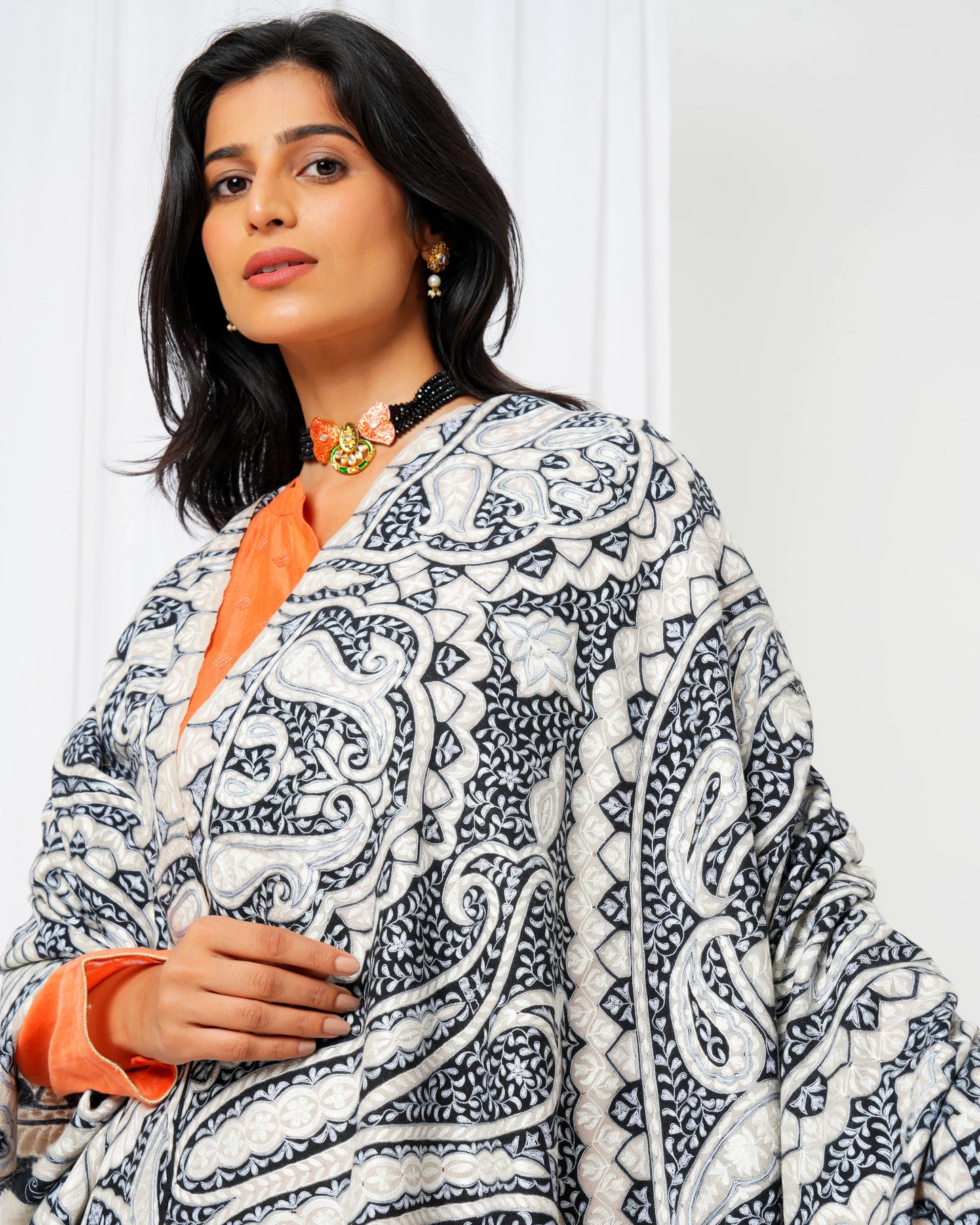 Pashmina shawl in white base and black prints