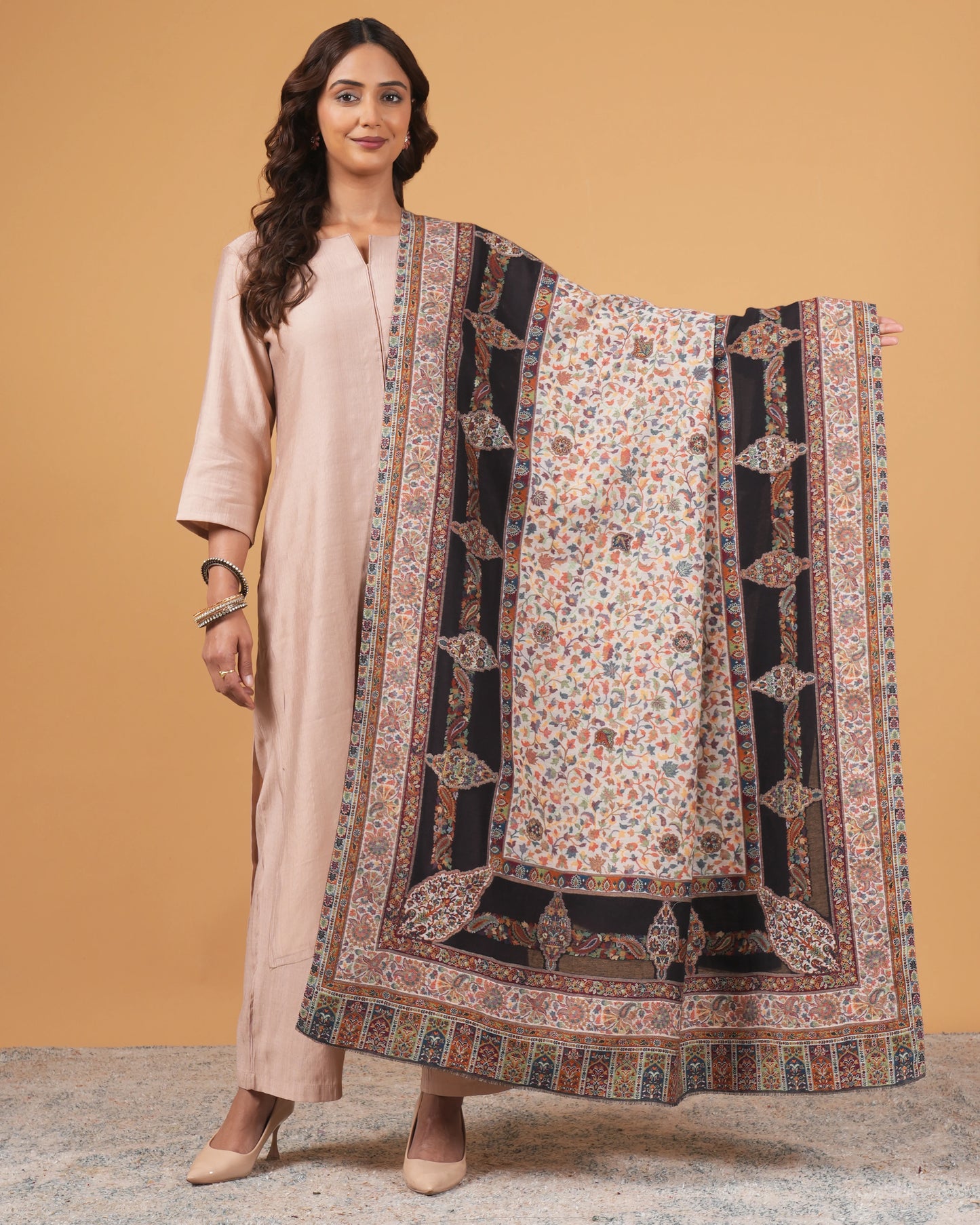 Woolen white base shawl with black border