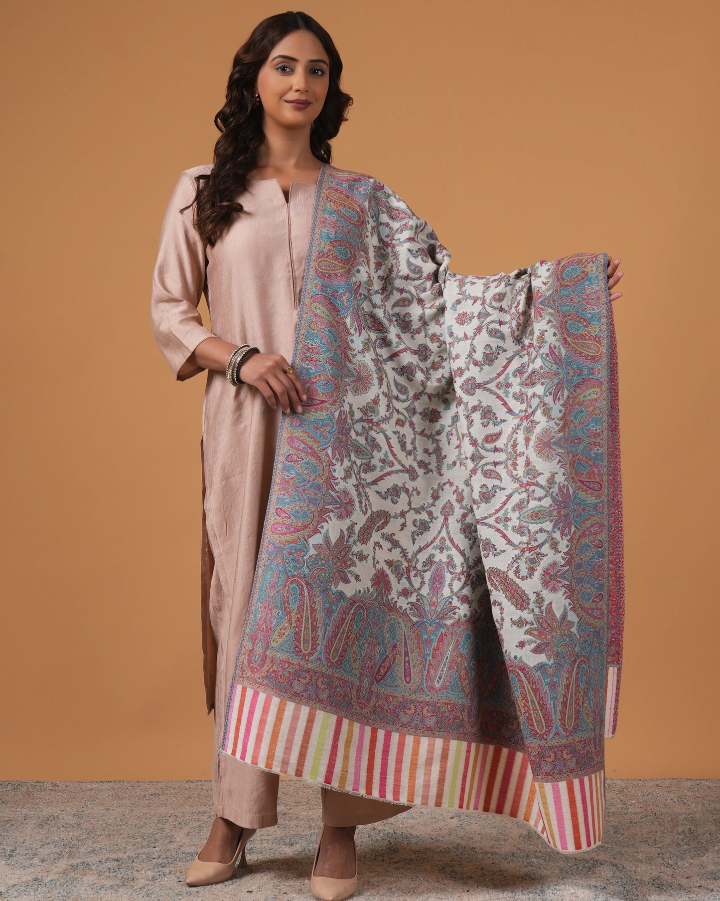 Woolen white base shawl with multi colour border