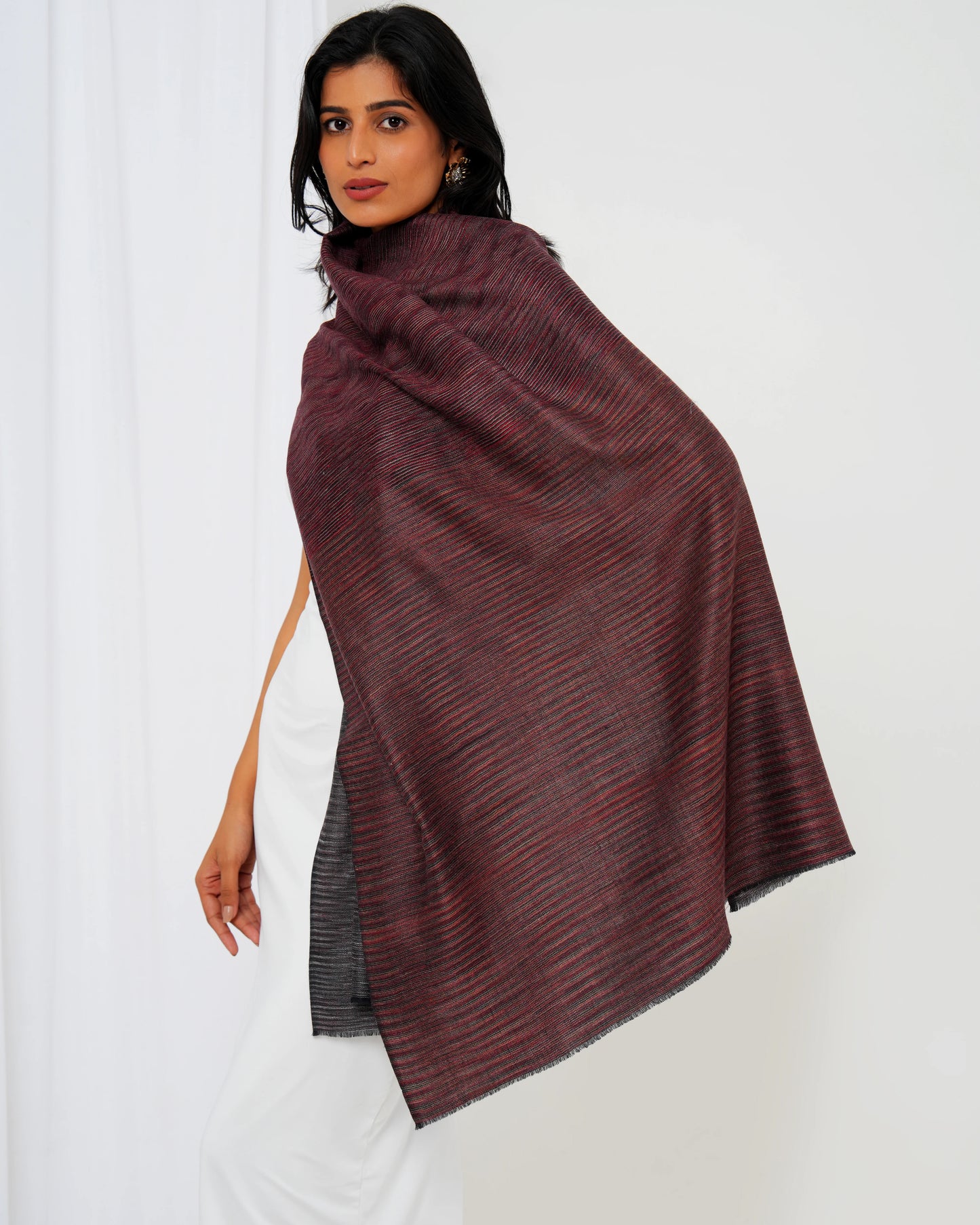 Pashmina stole in maroon base and multi colour stripes
