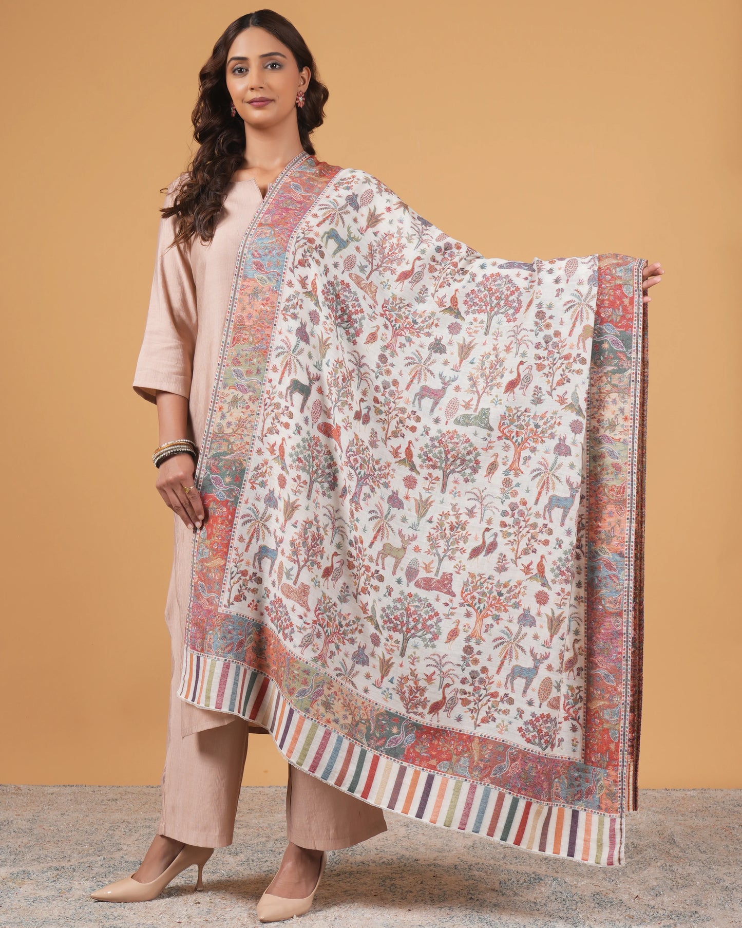 White Base Woollen Shawl with Multicolor Floral Pattern