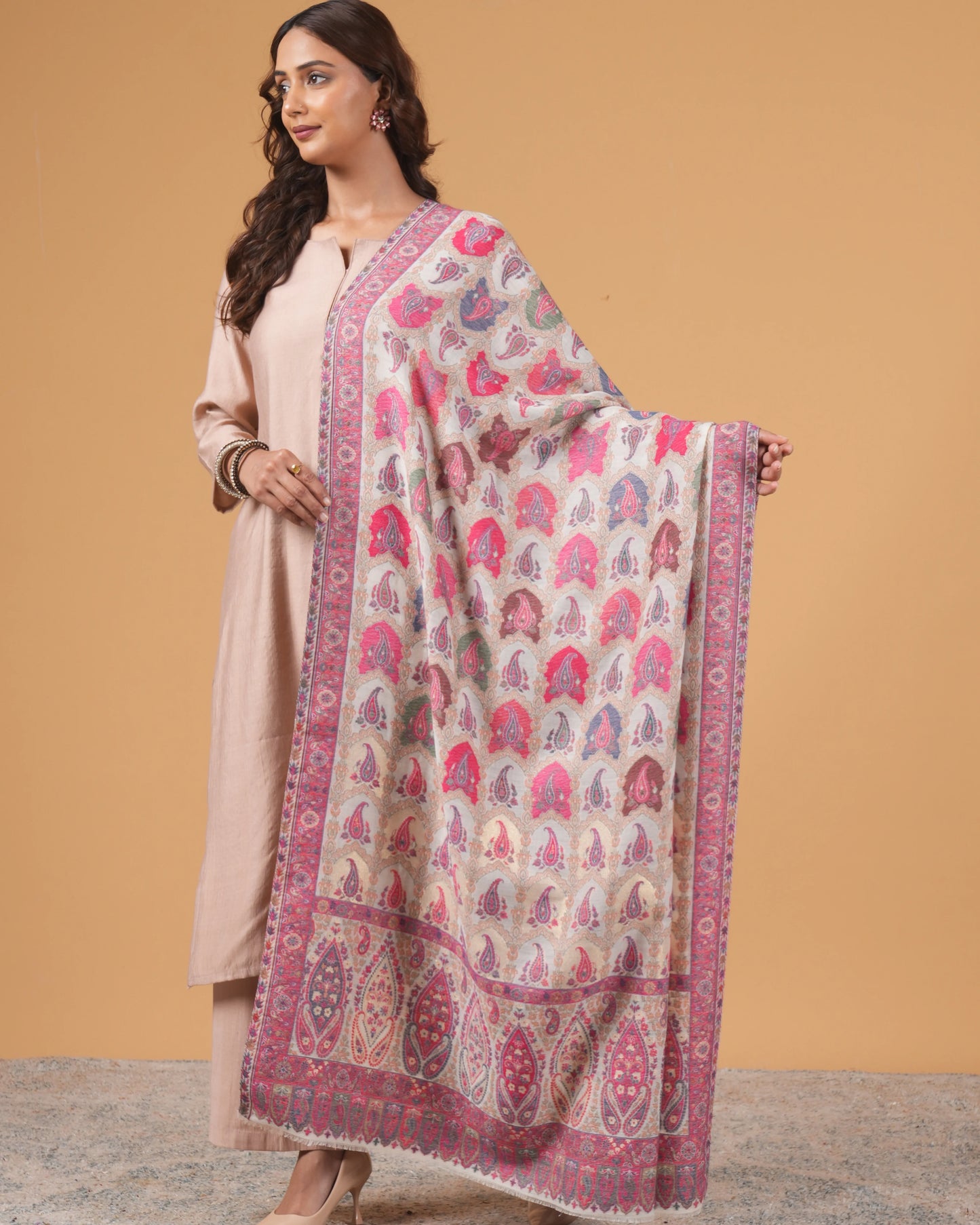 Woolen white base shawl with magenta border