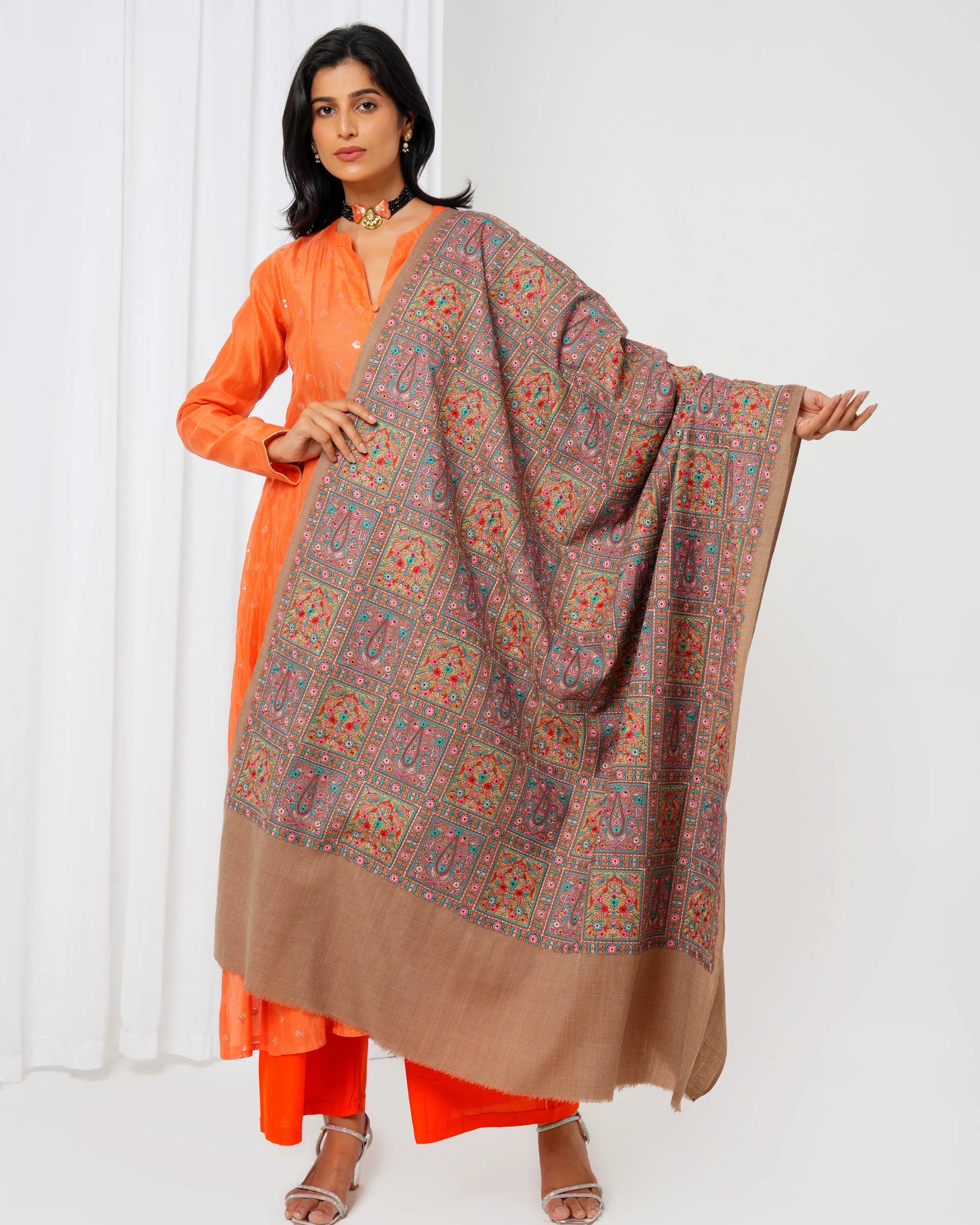 Wool shawl with brown base and full-size multi-coloured print