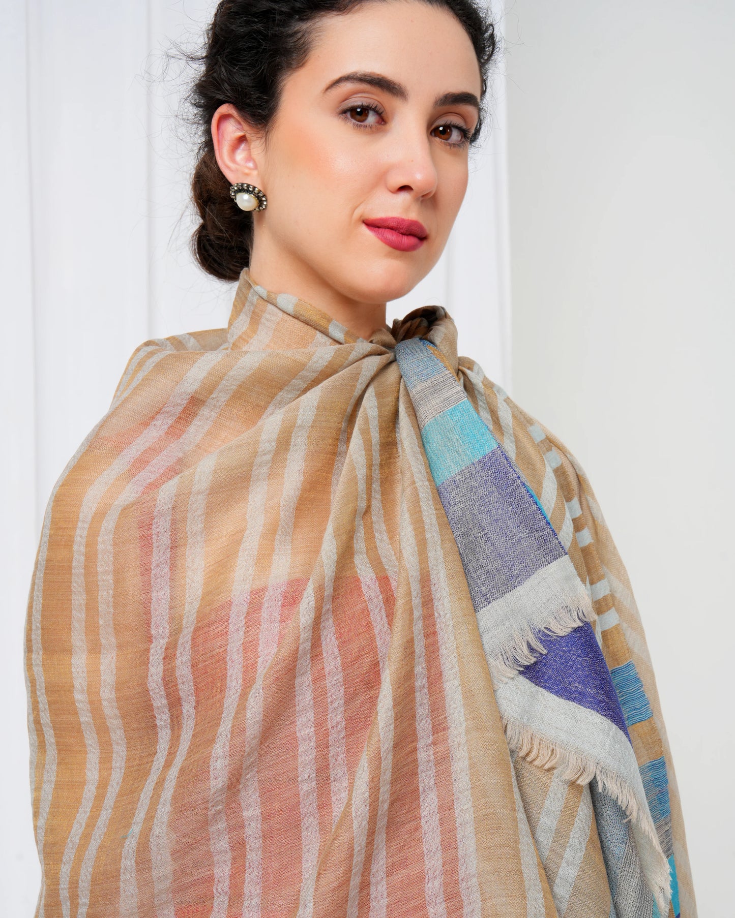 Woolen stole with cream base, and gold, navy blue and light blue stripes