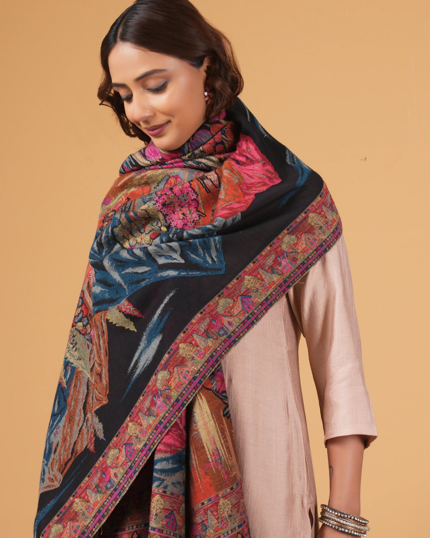 Black Base Woollen Shawl with Maroon Floral Border