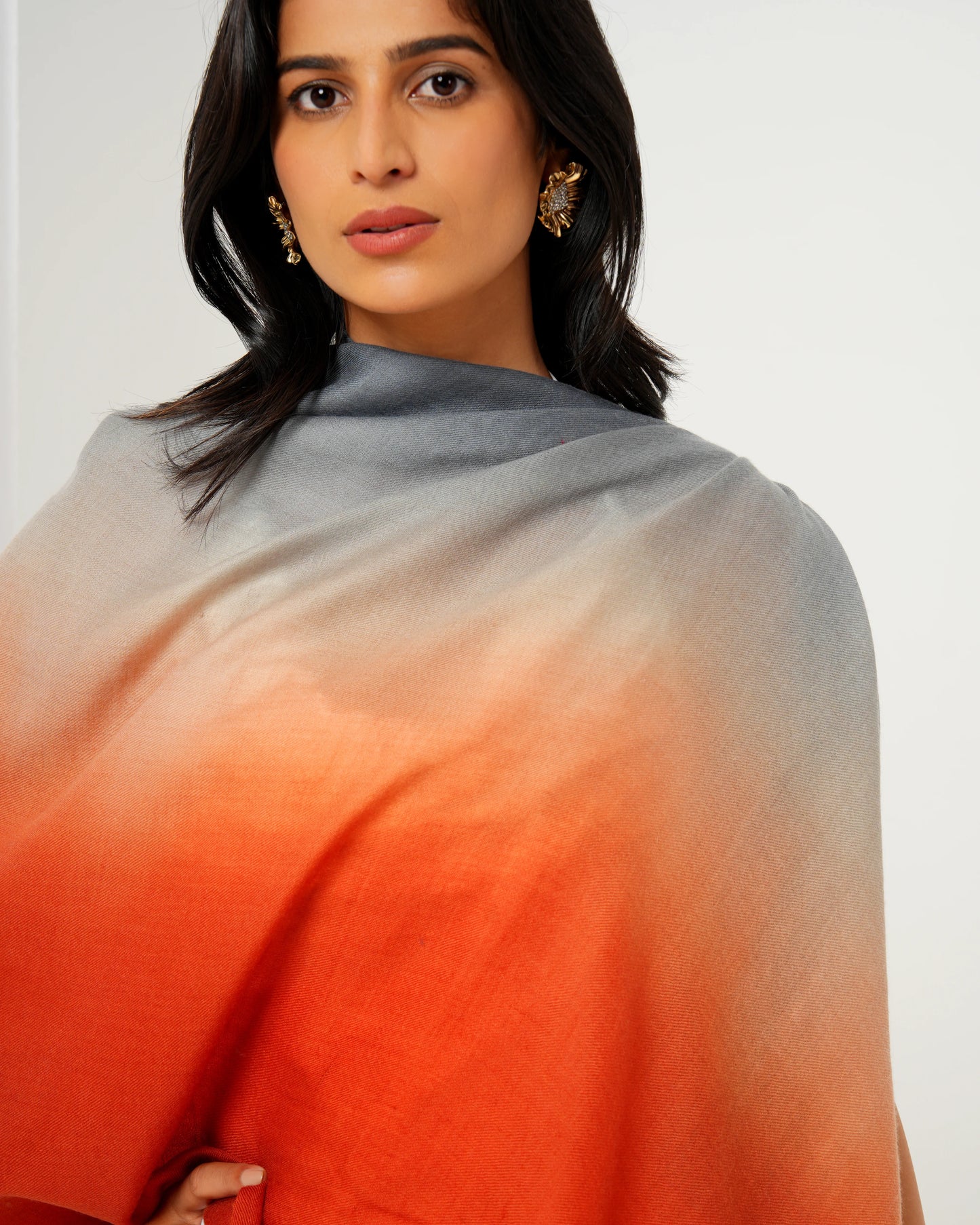 Cashmere stole in red, cream, and grey