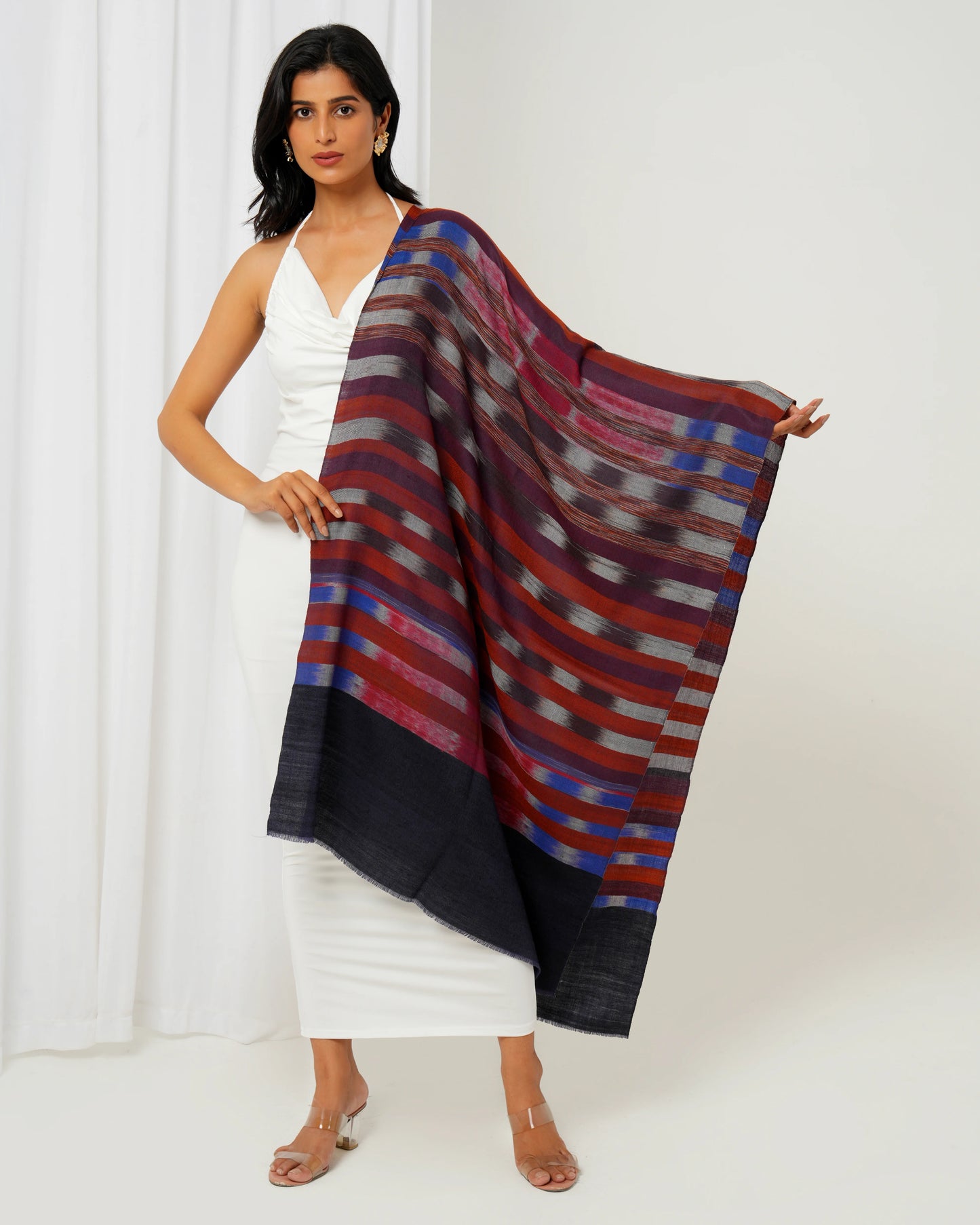 Pashmina stole with black base with multi-coloured stripes