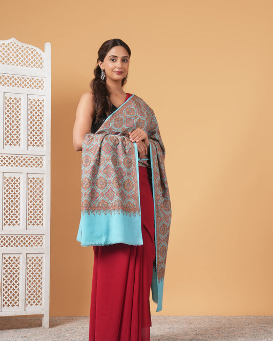 Woman wearing a red saree with a patterned shawl against a beige background