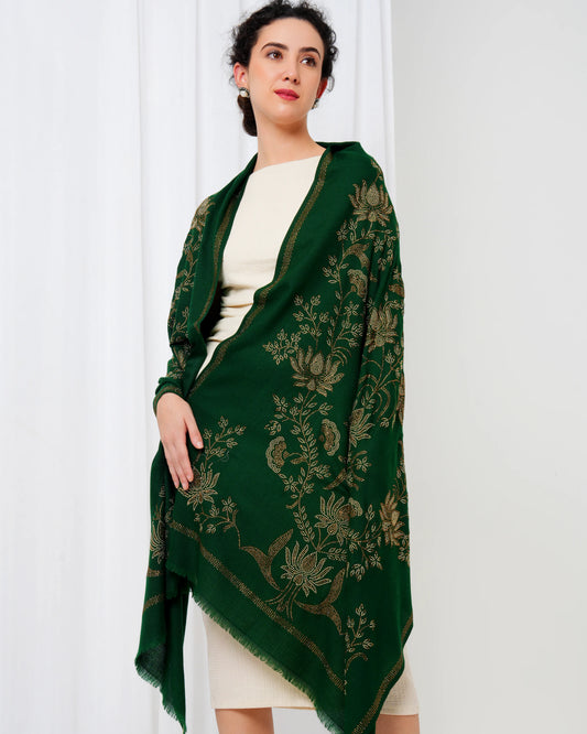 Woman wearing a green floral patterned shawl on a white background