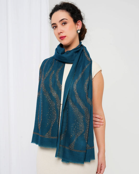 Woman wearing a teal scarf with a white background