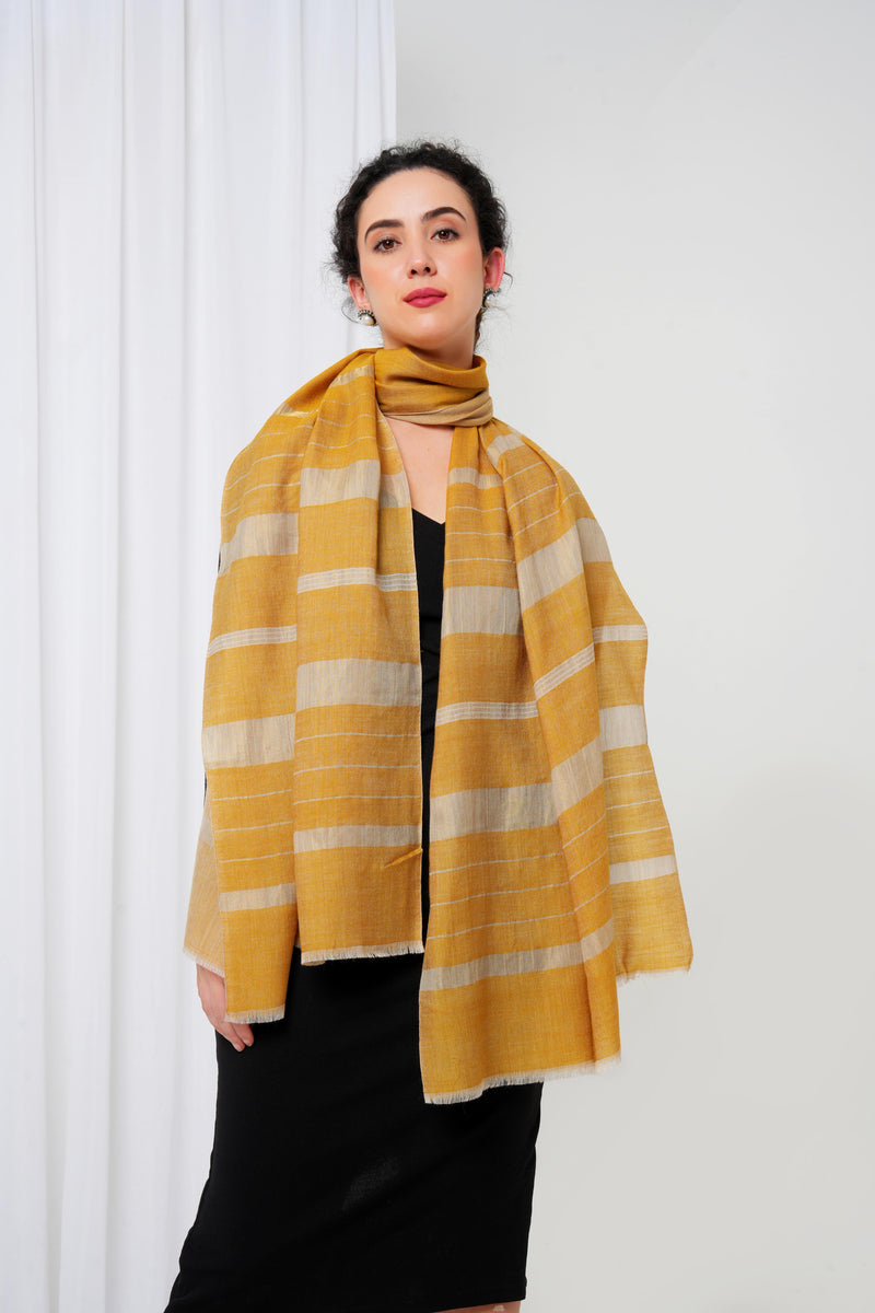 Cashmere stole in mustard colour with golden stripes