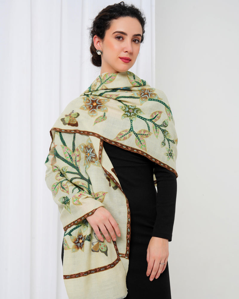 Pashmina stole with cream base and green print
