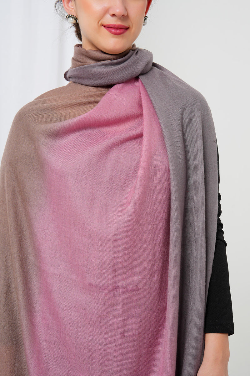Cashmere stole with light grey base and brown and pink tie dye