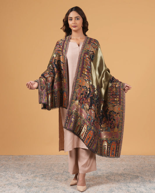 Woman wearing a patterned kimono-style garment against a beige background