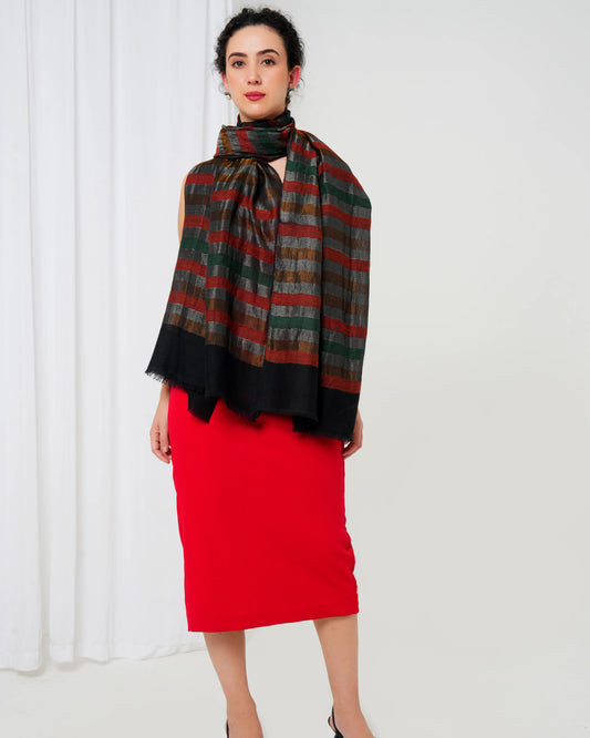 Cashmere stole with grey base and red, green and brown stripes